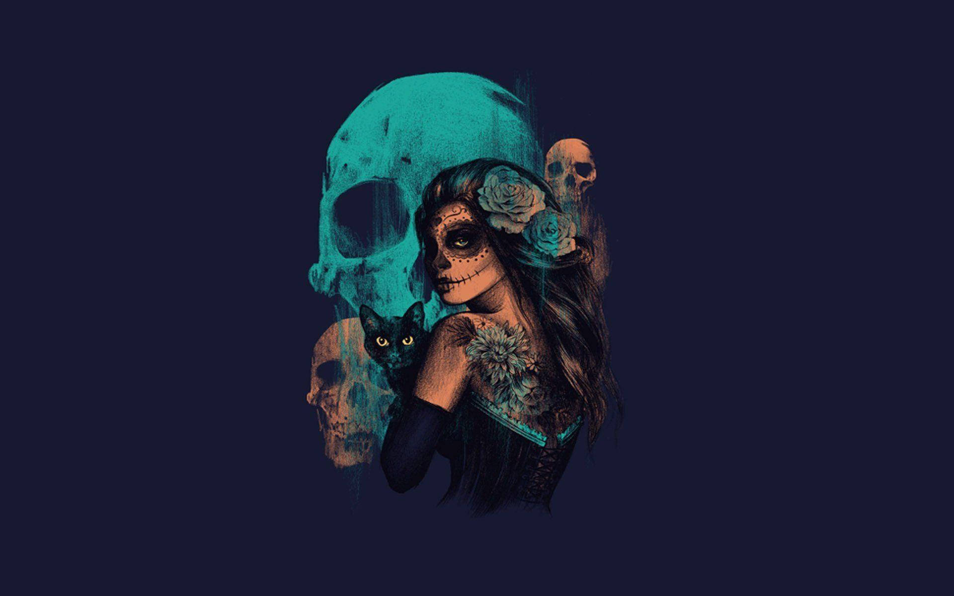 dead 桌布 壁紙 — 一個風格化的糖骷髏女人，帶有玫瑰和一隻黑貓，背景是深藍綠色的骷髏。