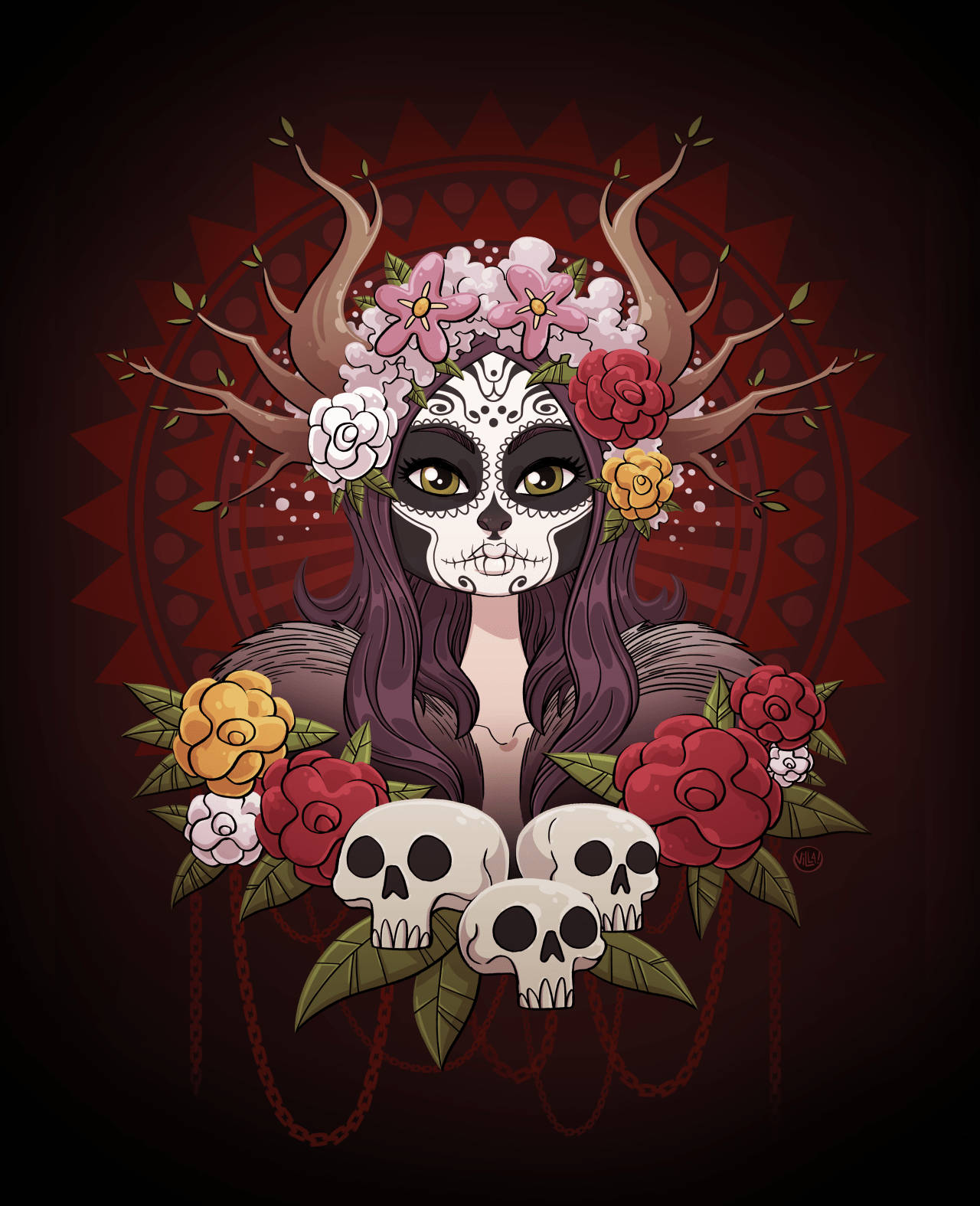 Dia De Los Muertos 桌布 壁紙 — 一個風格化的糖骷髏女人，紫色頭髮和花冠，被玫瑰和骷髏包圍，背景是紅色曼陀羅。