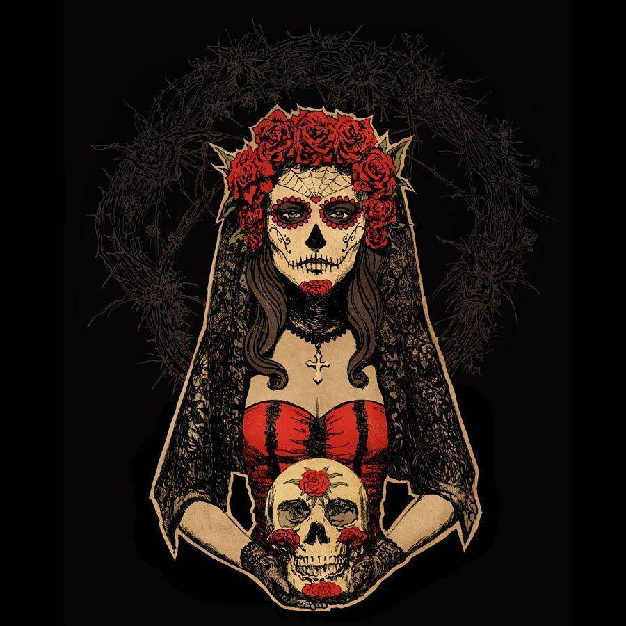 Dia De Los Muertos 桌布 壁紙 — 一個風格化的糖骷髏女人，頭髮上插著紅玫瑰，手持一個骷髏頭，被一個帶刺的花環框住，背景為黑色。