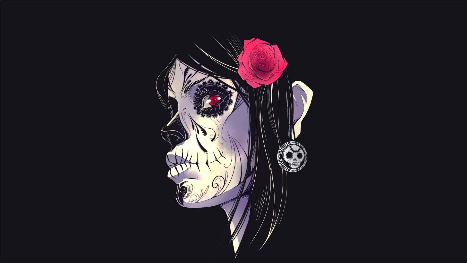 Day Of The Dead 桌布 壁紙 — 一個風格化的糖骷髏女人，頭髮上插著一朵紅玫瑰，戴著骷髏耳環，背景為黑色。