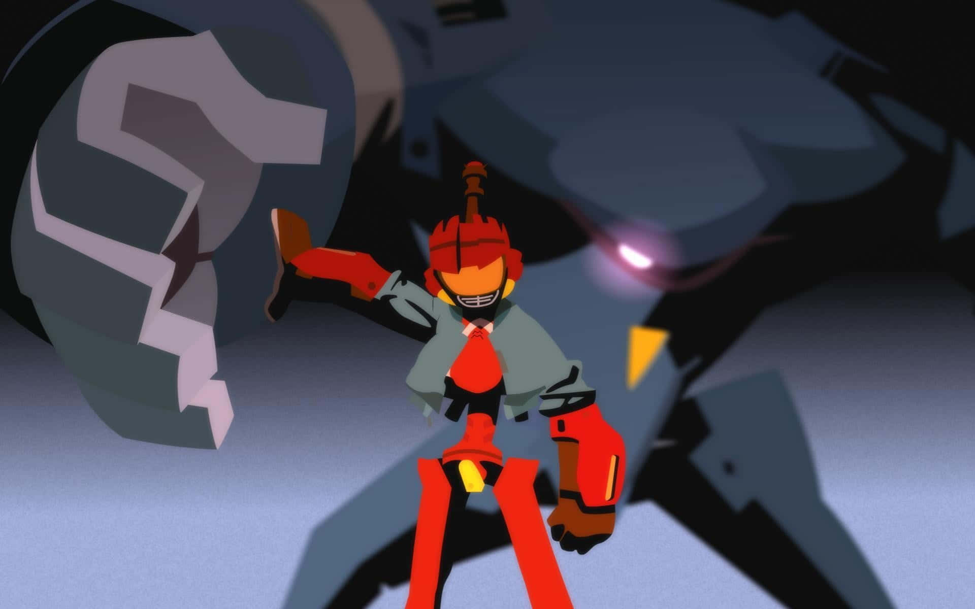 Flcl Canti 桌布 壁紙 — 一個風格化的紅灰色機器人戰士在黑暗的機械背景下擺出動態姿勢。