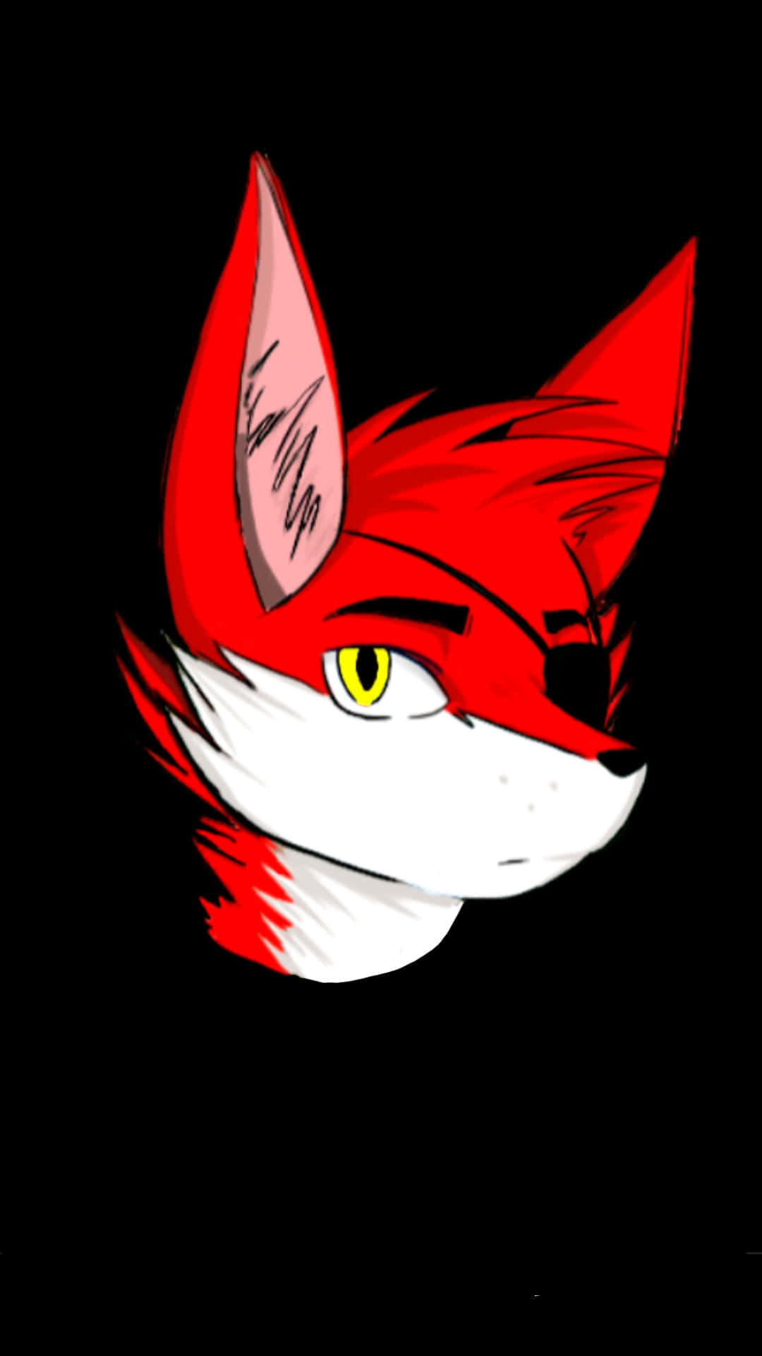 Foxy 桌布 壁紙 — 一個風格化的紅狐頭部，黃色眼睛和黑色眼罩，在純黑色背景上凝視著。