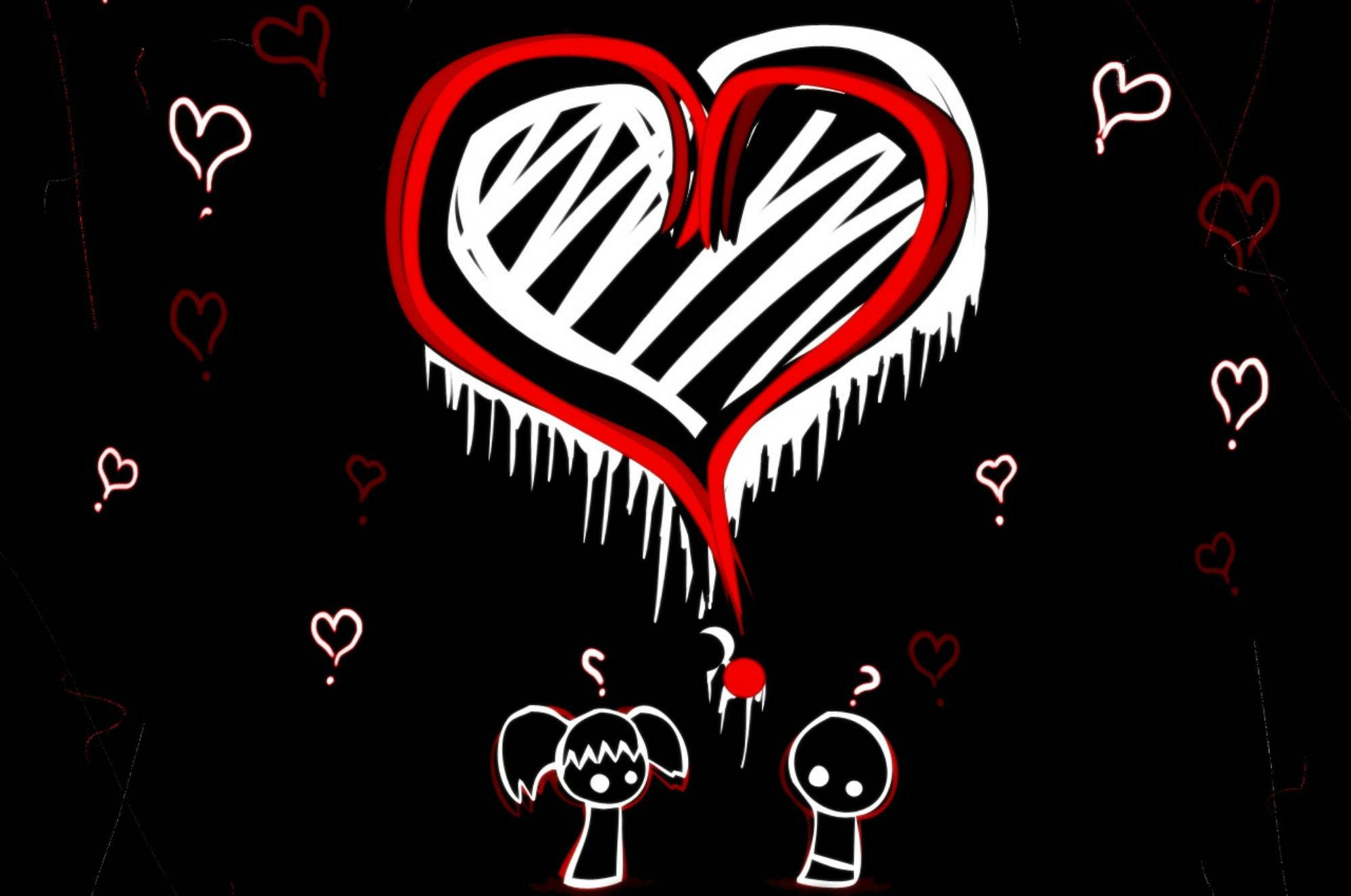 emo 桌布 壁紙 — 一個風格化的紅白心形，邊緣呈鋸齒狀，在黑色背景上滴血，落在兩個小卡通人物上，周圍有漂浮的心形。