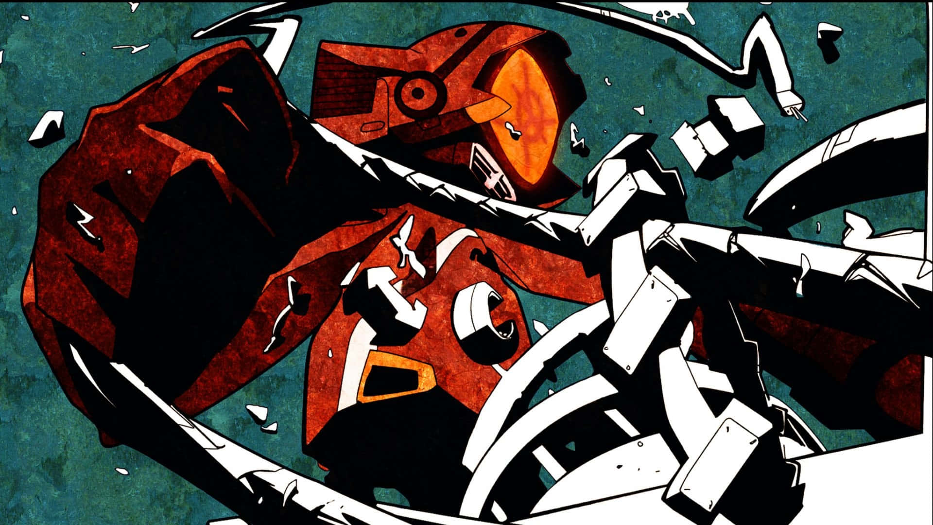 Flcl Canti 桌布 壁紙 — 一個風格化的紅白機器人碎裂，尖銳碎片在青綠色背景上飛散。
