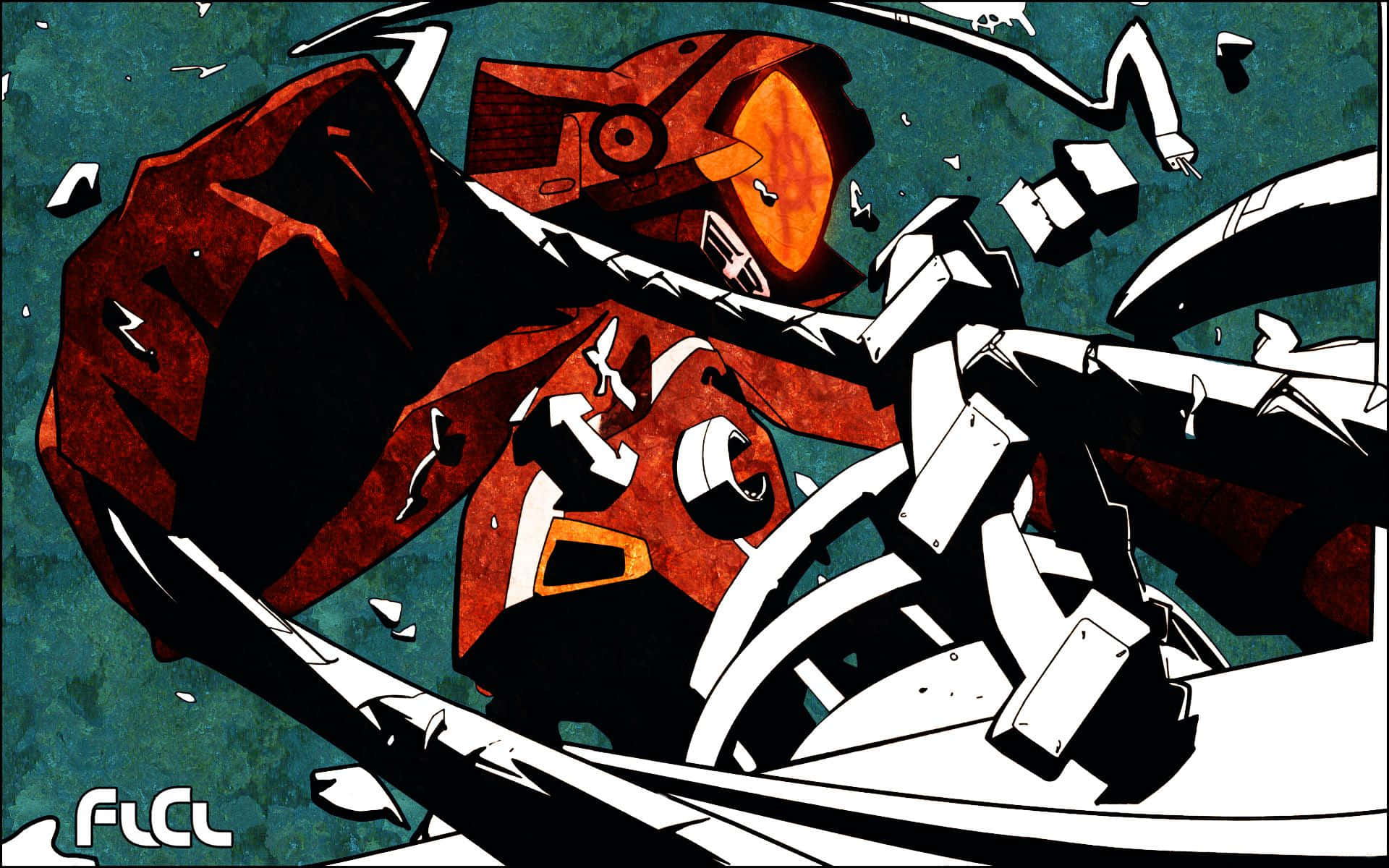 FLCL 桌布 壁紙 — 一個風格化的紅白機器人突破牆壁，碎片四處飛散。