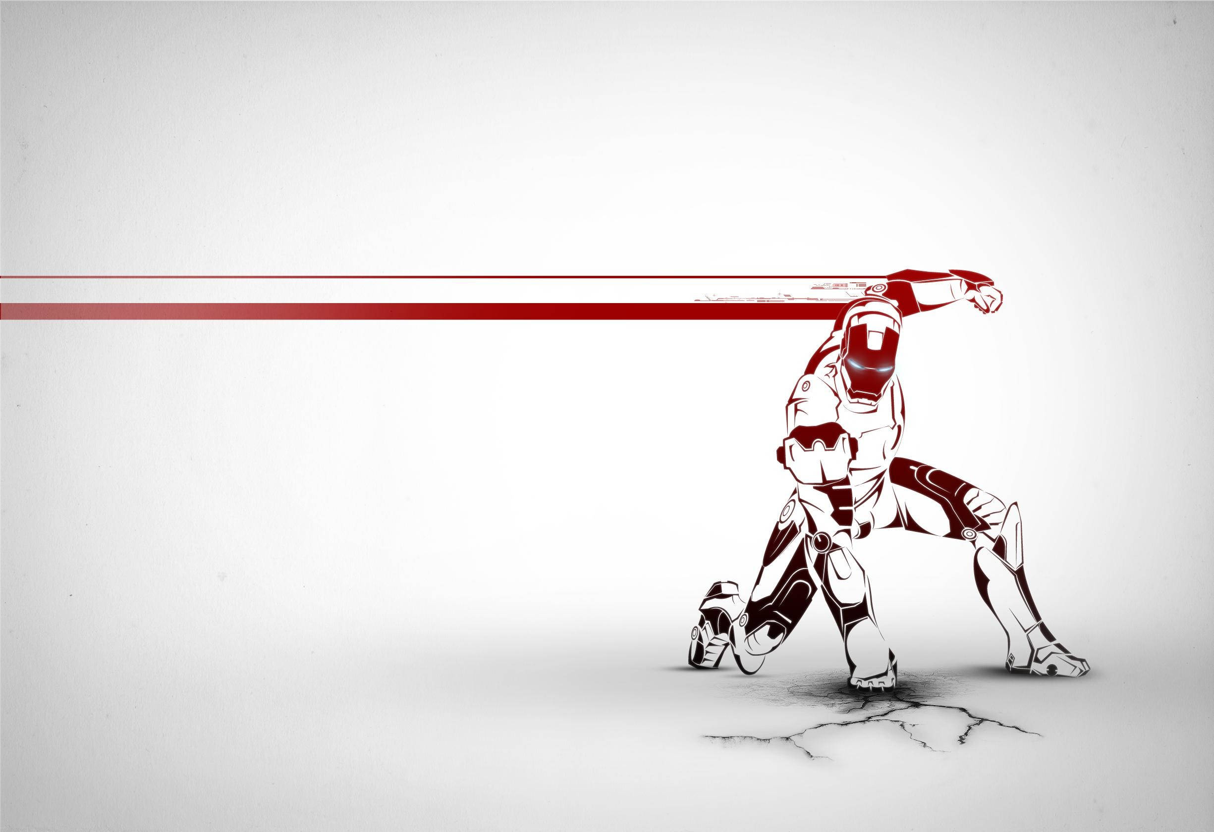 Iron Man Logo 桌布 壁紙 — 一個風格化的紅白裝甲人物，以動態姿勢在極簡灰色背景上發射雷射光束。