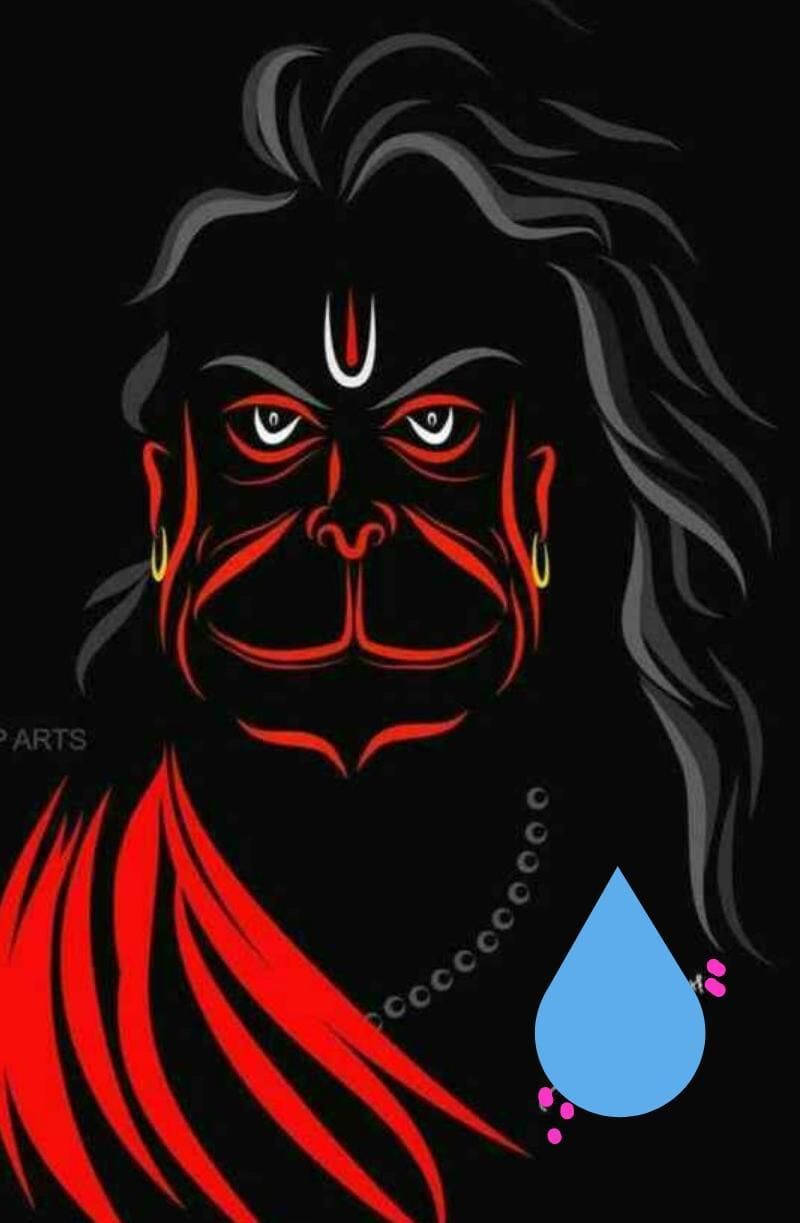 angry hanuman 桌布 壁紙 — 一個風格化的紅臉猴神，眼睛發光，灰髮，黑色背景。
