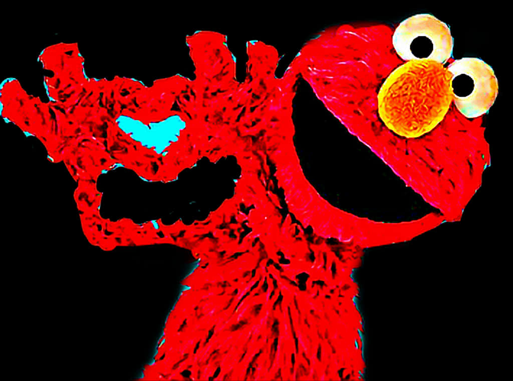 Elmo 桌布 壁紙 — 一個風格化的紅色 Elmo 木偶，發光的眼睛和舉起的手中有一個青色心形鏤空，背景為黑色。