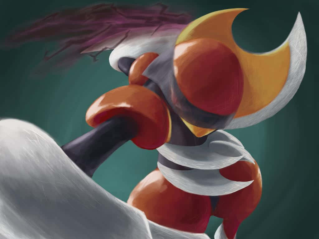Painting Desktop 桌布 壁紙 — 一個風格化的紅色和橙色生物，帶有白色流動元素和紫色能量軌跡，背景為深藍綠色。