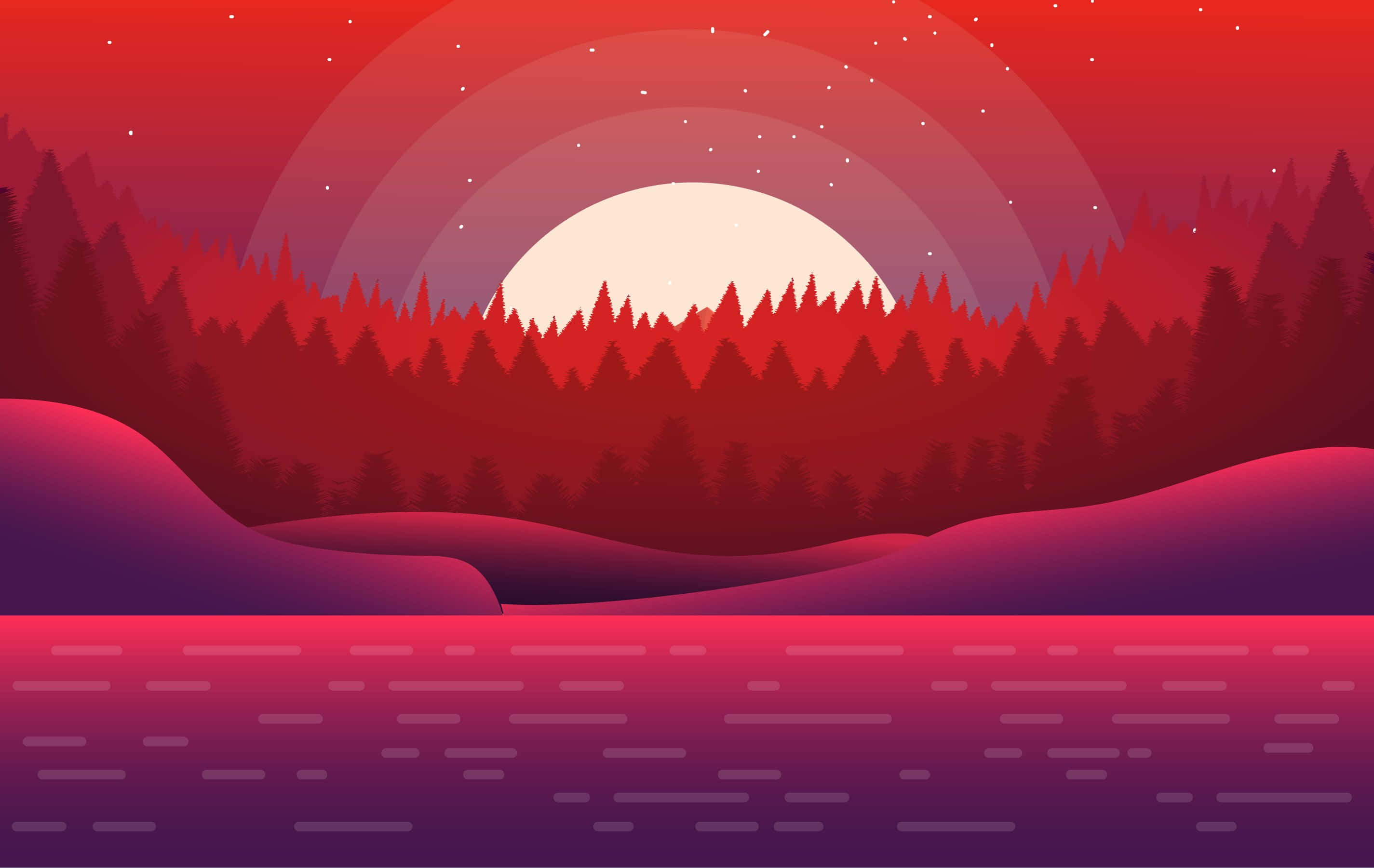 vector 桌布 壁紙 — 一個風格化的紅色和紫色日落，映照在森林湖泊上，伴隨著一輪巨大的發光月亮和星空。