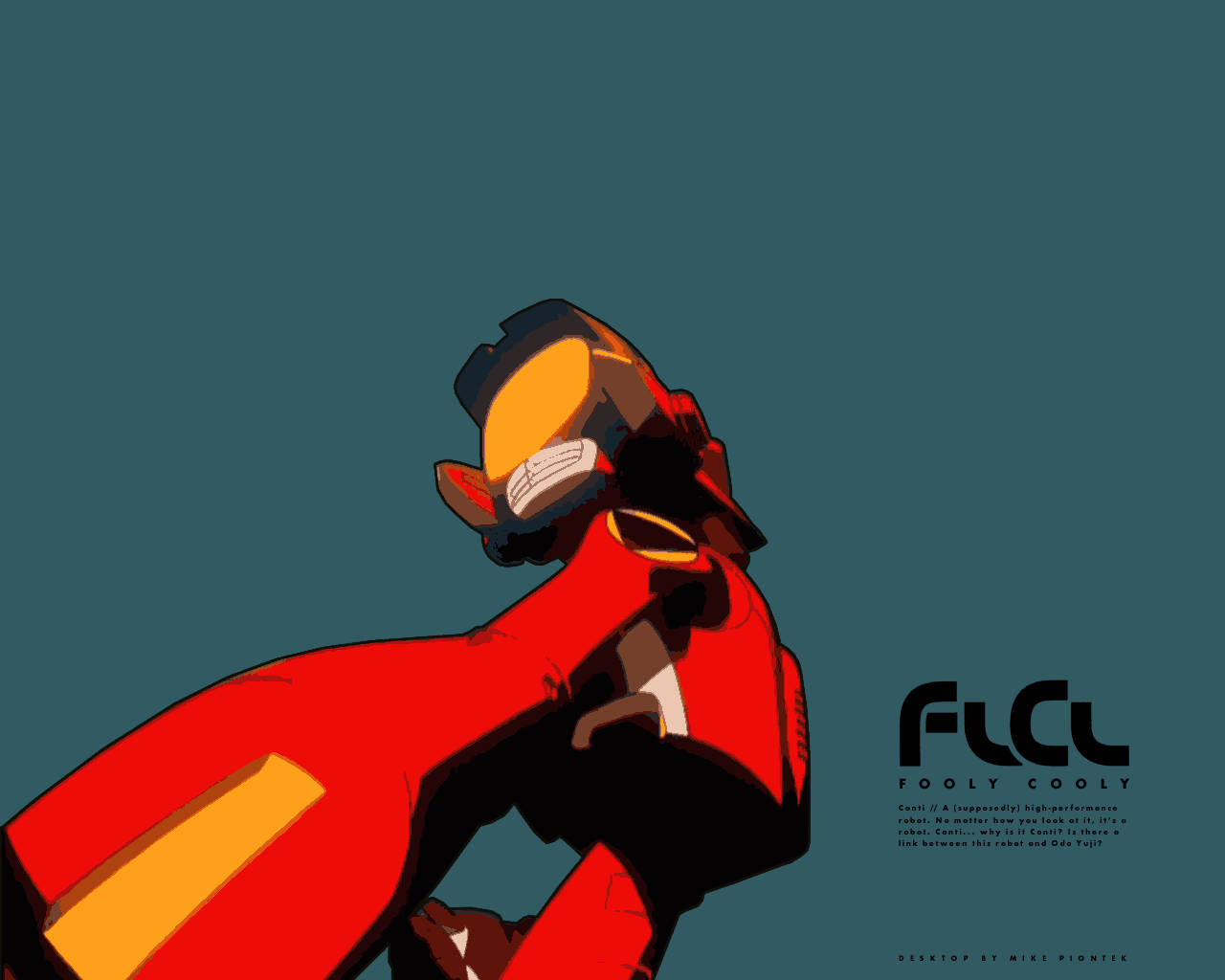Flcl 桌布 壁紙 — 一個風格化的紅色和黃色機器人，以動態姿勢站在青綠色背景上，並帶有粗體圖形文字。
