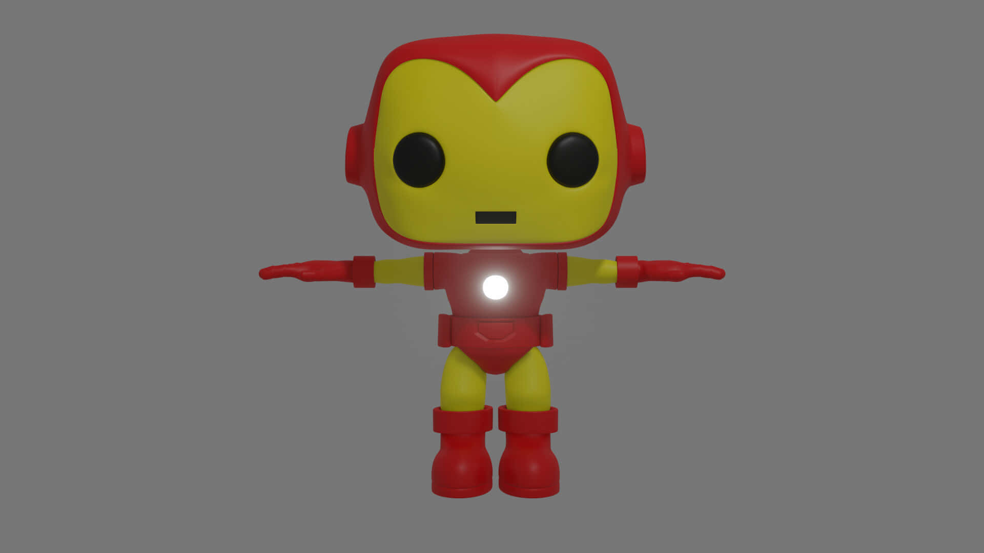 Iron Man Pop Figures 桌布 壁紙 — 一個風格化的紅色和黃色鋼鐵人Funko Pop人偶，雙臂張開，站在純灰色背景前。