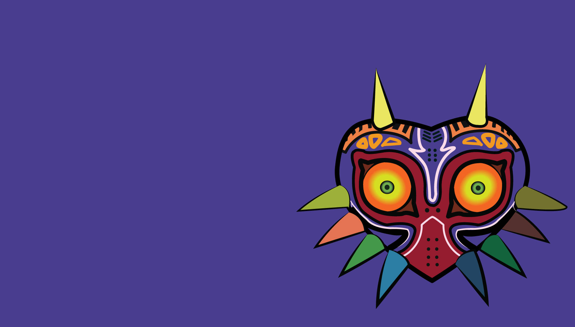 Majora's Mask 桌布 壁紙 — 一個風格化的紅色和黃色面具，帶有發光的眼睛和色彩繽紛的尖刺，置於純紫色背景上。