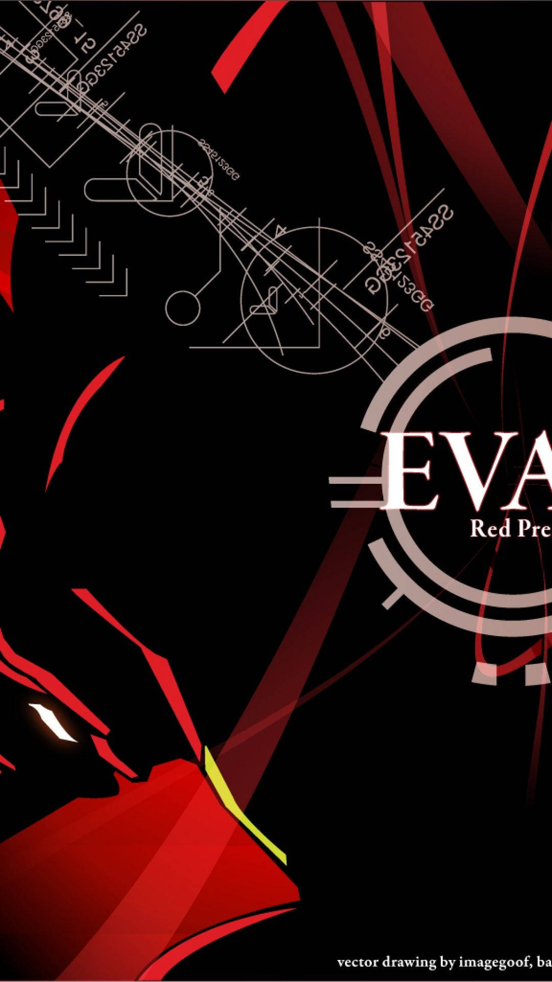 Evangelion Phone 桌布 壁紙 — 一個風格化的紅色和黑色向量插圖，描繪了一個擁有發光眼睛和機械示意圖疊加的動漫角色。
