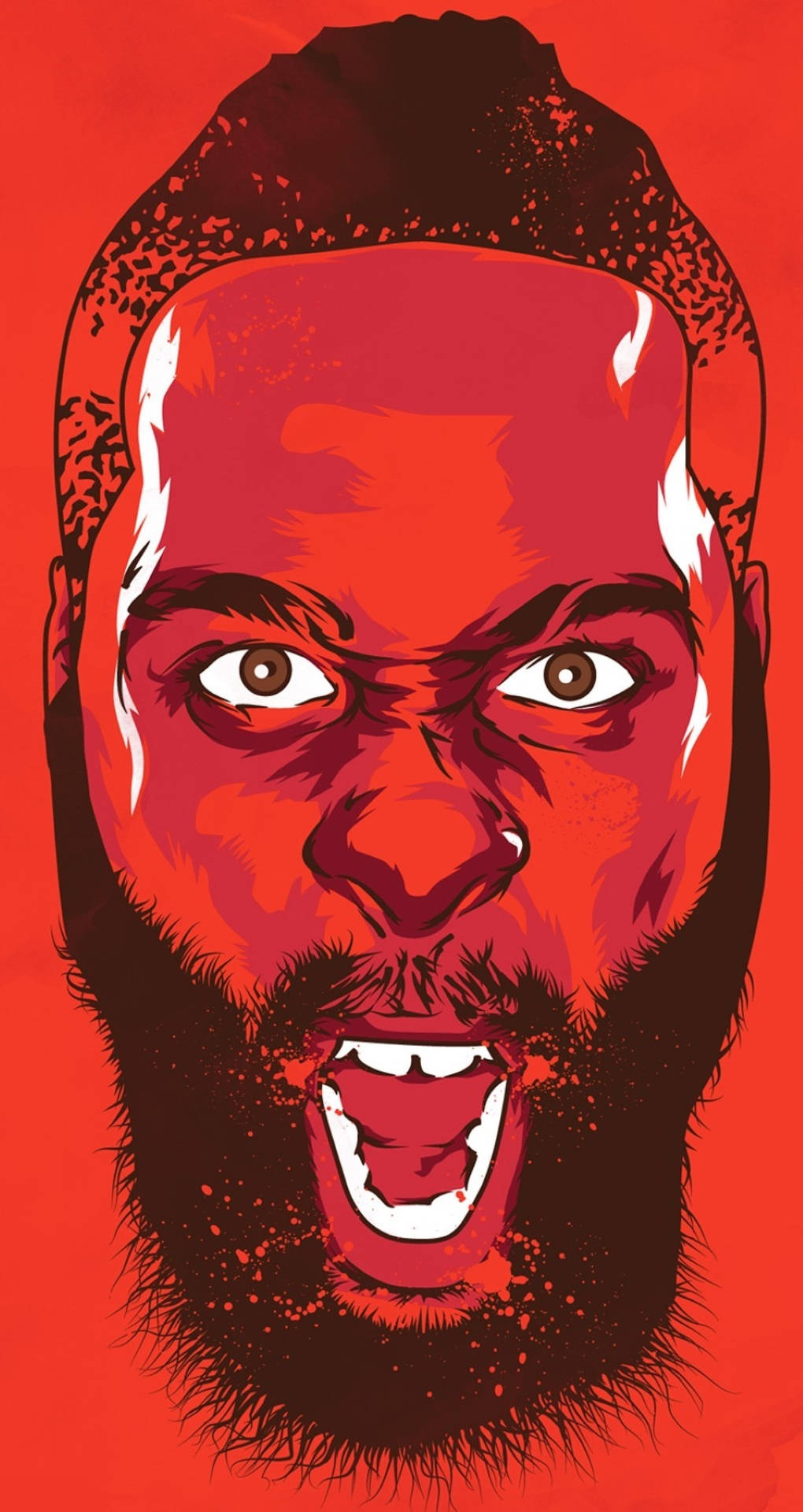 Houston Rockets 桌布 壁紙 — 一個風格化的紅色和黑色插圖，描繪一個男人在純紅色背景上露出強烈尖叫的表情。