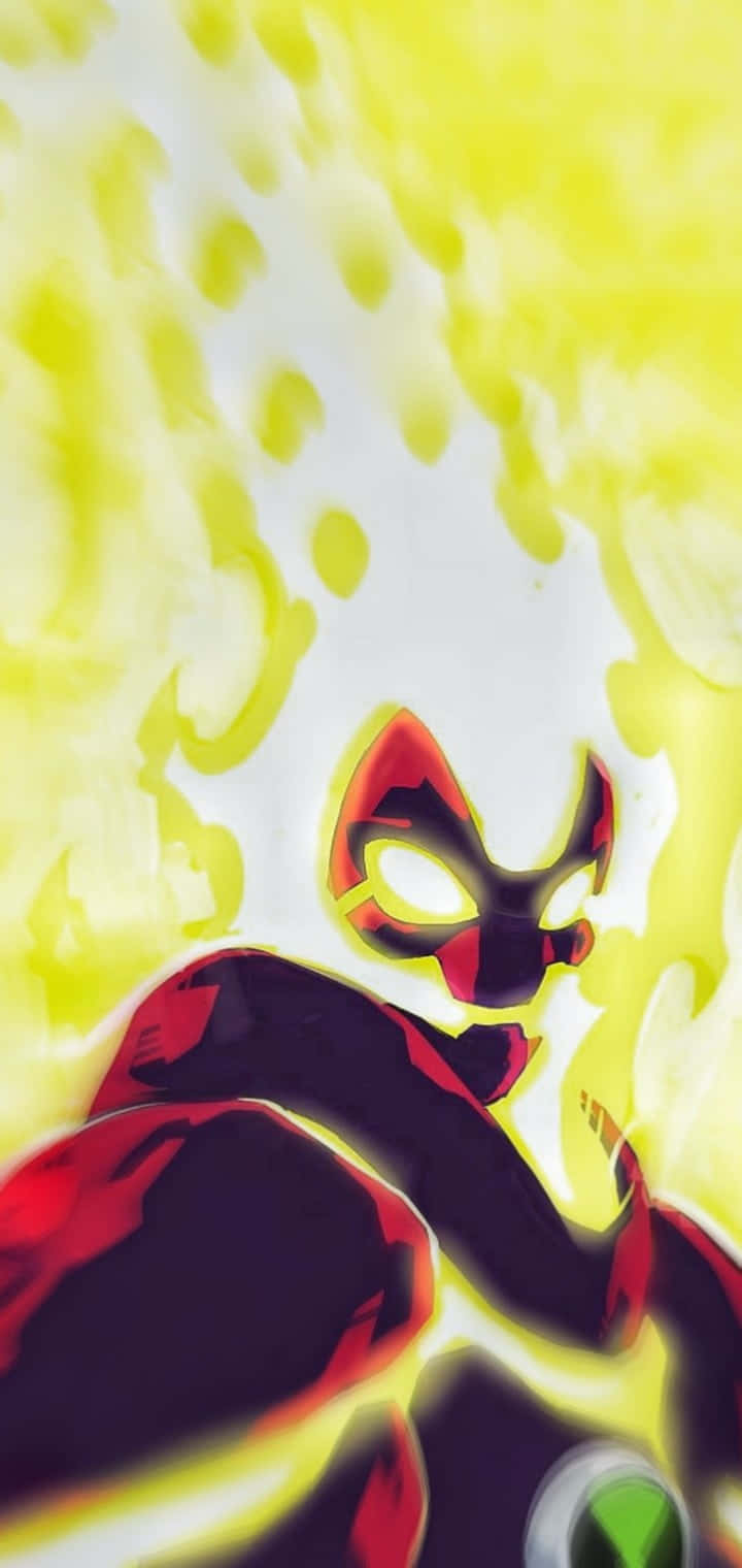 Ben 10 桌布 壁紙 — 一個風格化的紅色和黑色蒙面超級英雄從白色背景上充滿活力的黃色能量爆發中出現。