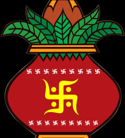 Hinduism 桌布 壁紙 — 一個風格化的紅色壺，帶有綠葉和黃色卍字符號，背景為黑色。