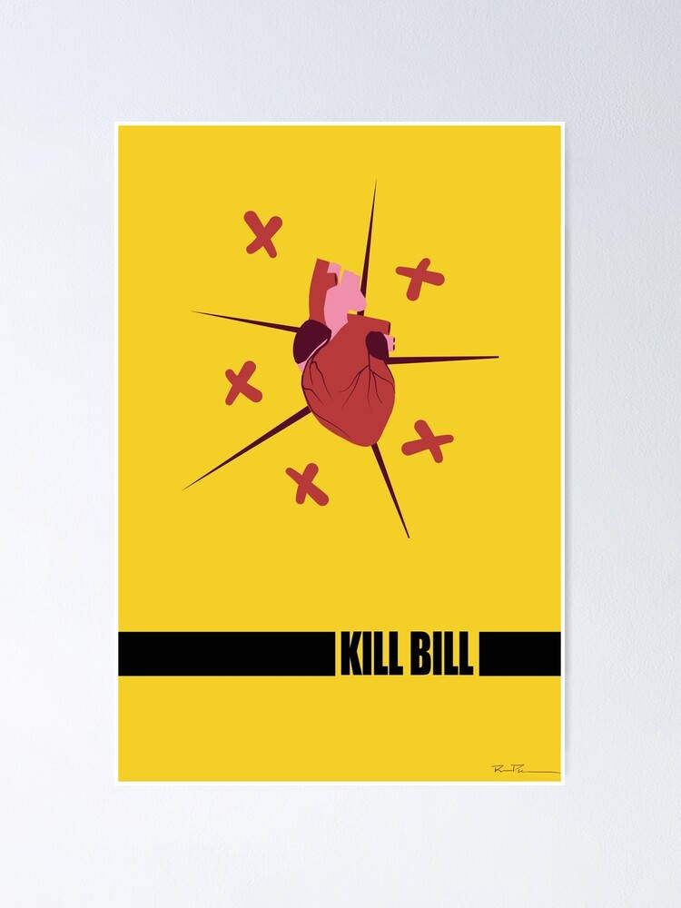 Kill Bill 桌布 壁紙 — 一個風格化的紅色心臟被黑色尖刺刺穿，背景為大膽的黃色，帶有紅色X標記和'KILL BILL'文字。