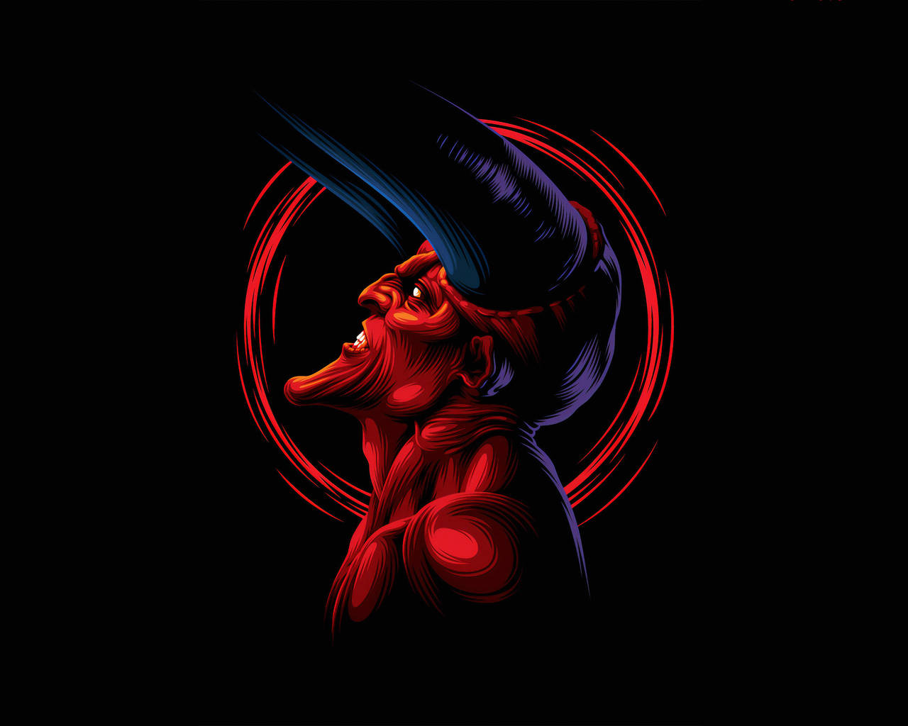 酷炫惡魔 桌布 壁紙 — 一個風格化的紅色惡魔，帶有彎曲的角和發光的眼睛，在黑色背景前咆哮，背景由旋轉的紅色環框住。
