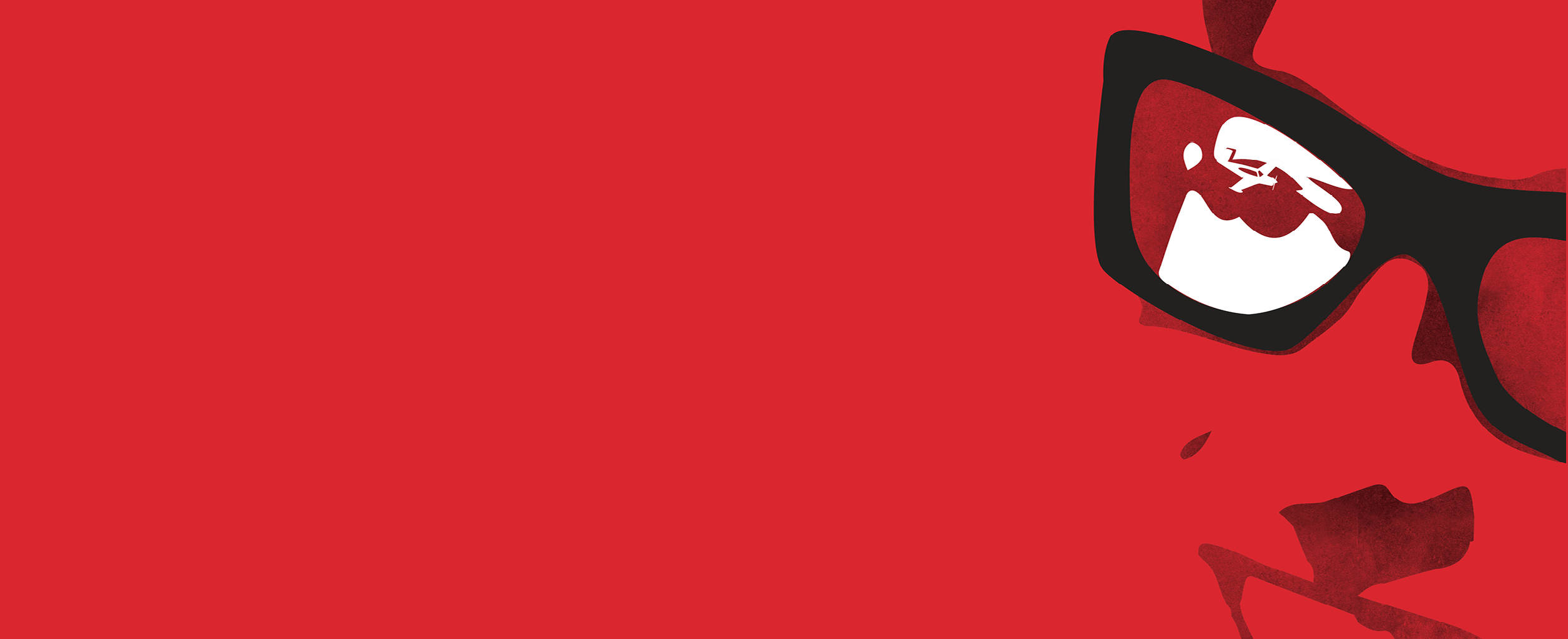 Smile 桌布 壁紙 — 一個風格化的紅色插圖，描繪戴著太陽眼鏡的臉，鏡片中反射出山景。
