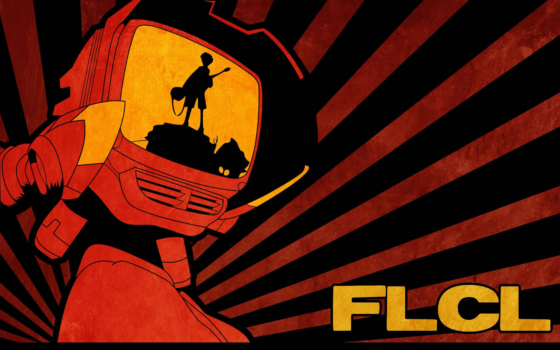 Flcl 桌布 壁紙 — 一個風格化的紅色機器人，帶有發光的黃色面罩，在陽光爆發背景下顯示一個人站在生物上的剪影。