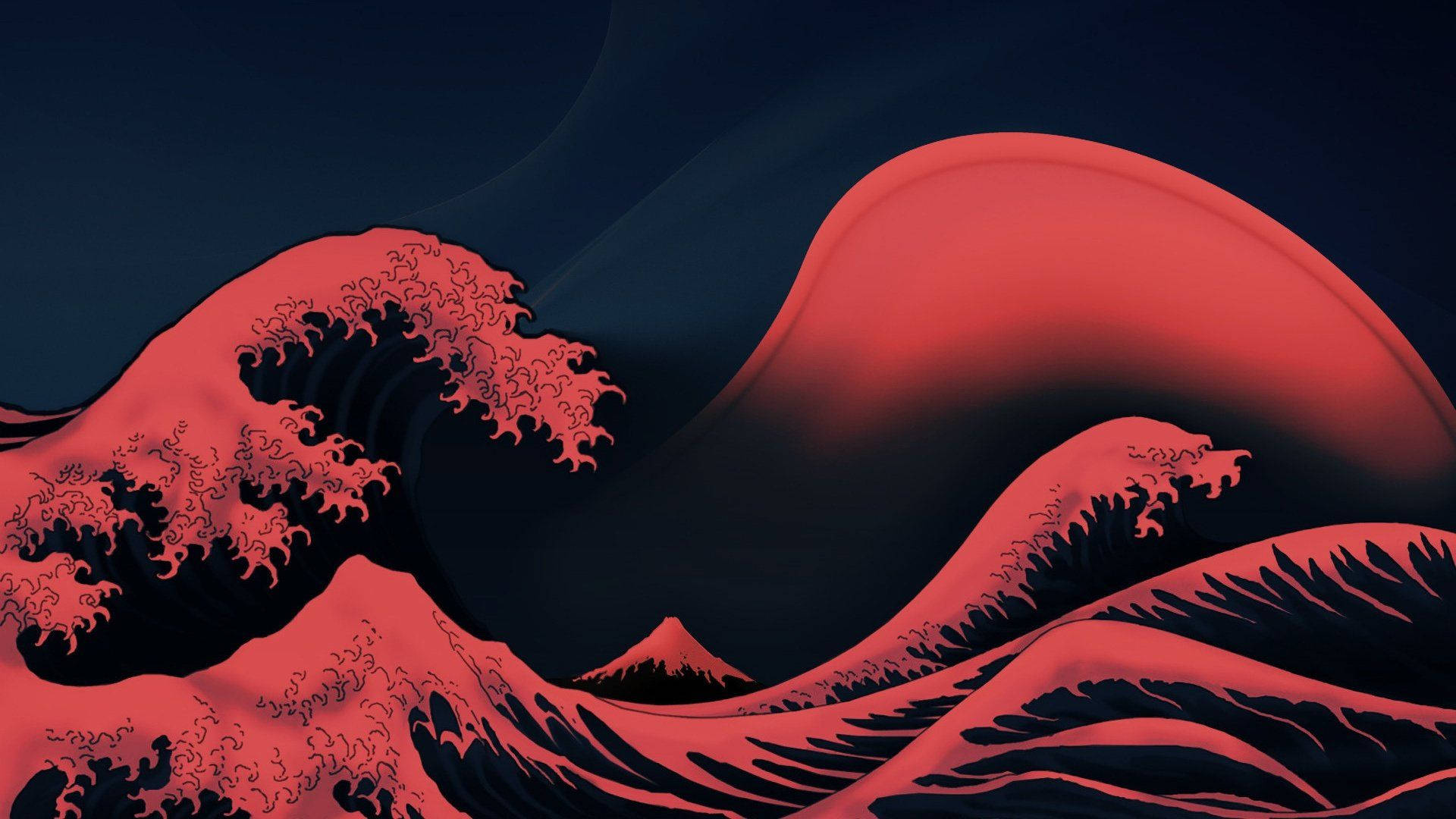 Black And Red 桌布 壁紙 — 一個風格化的紅色波浪戲劇性地撞擊深藍色天空，遠處有山峰。