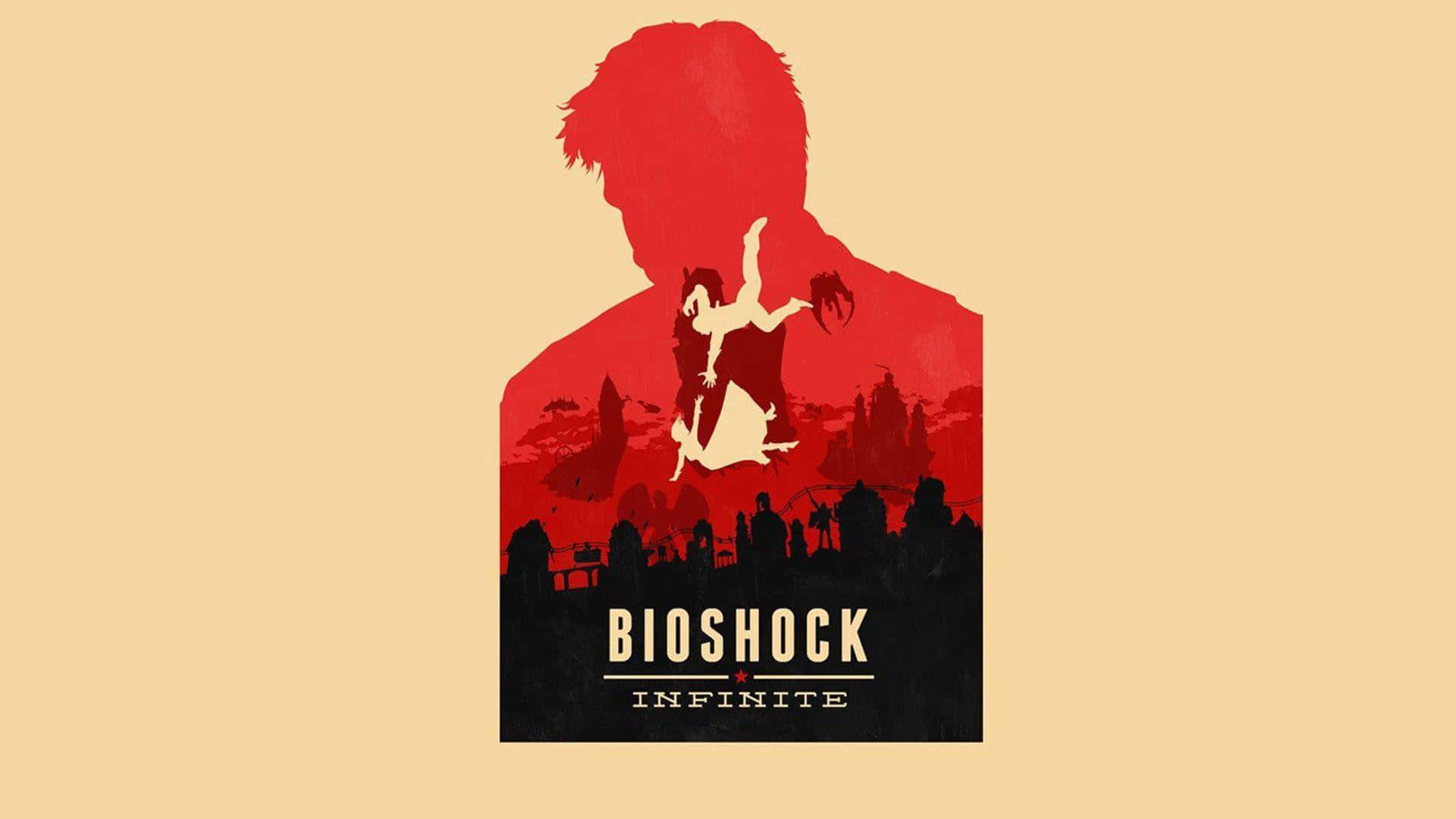 Best Bioshock Infinite 桌布 壁紙 — 一個風格化的紅色男人剪影包含一個墜落的人物和城市景觀，下方有標題 Bioshock Infinite。