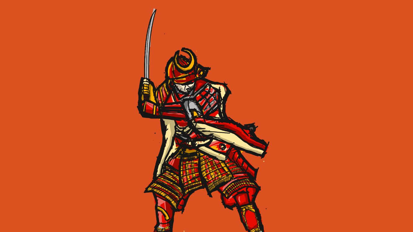 Ronin 桌布 壁紙 — 一個風格化的紅色盔甲武士手持武士刀，背景為純橙色。