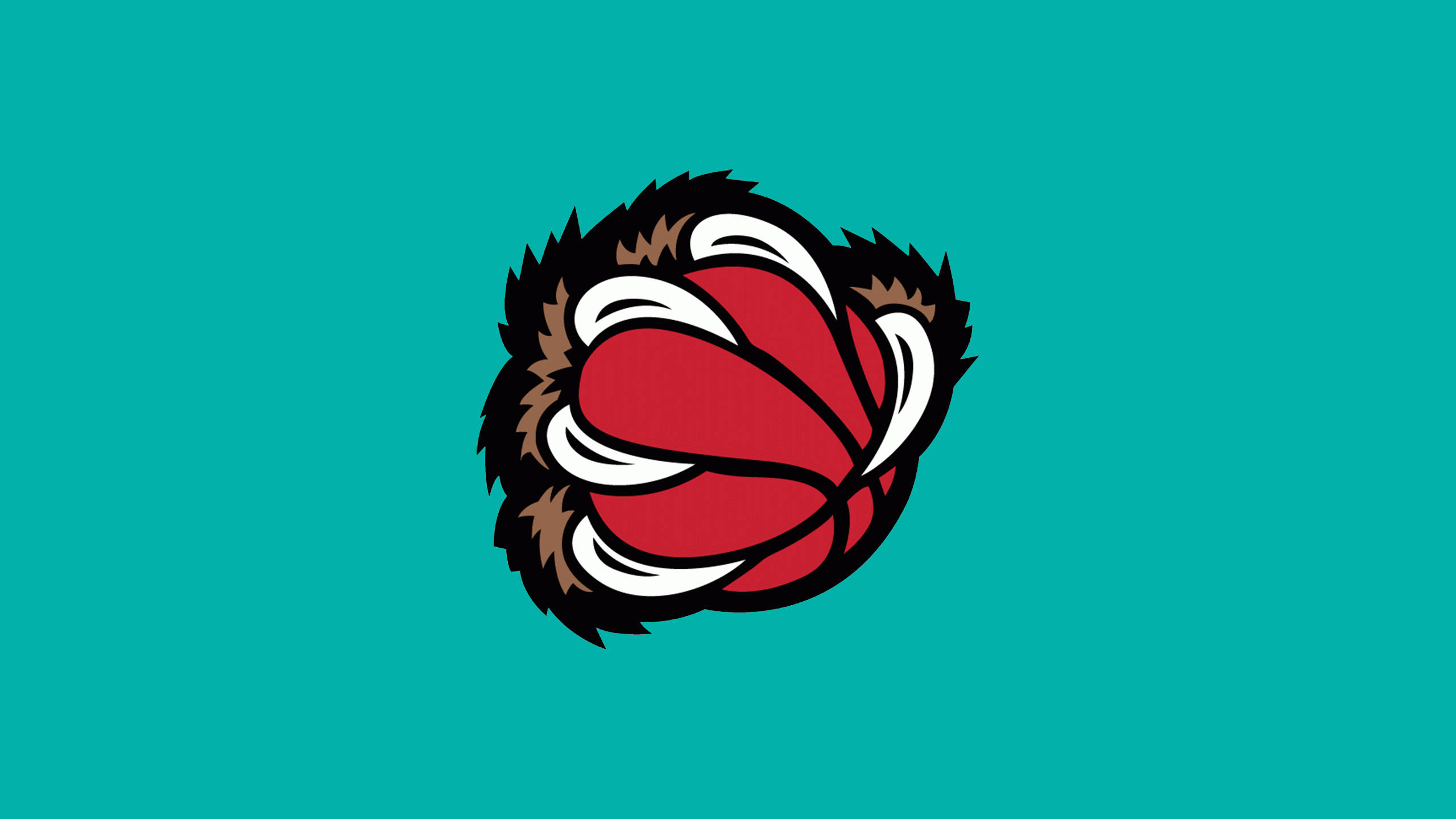 Grizzlies 桌布 壁紙 — 一個風格化的紅色籃球，帶有白色漩渦和棕色毛茸茸的邊緣，居中在純青色背景上。