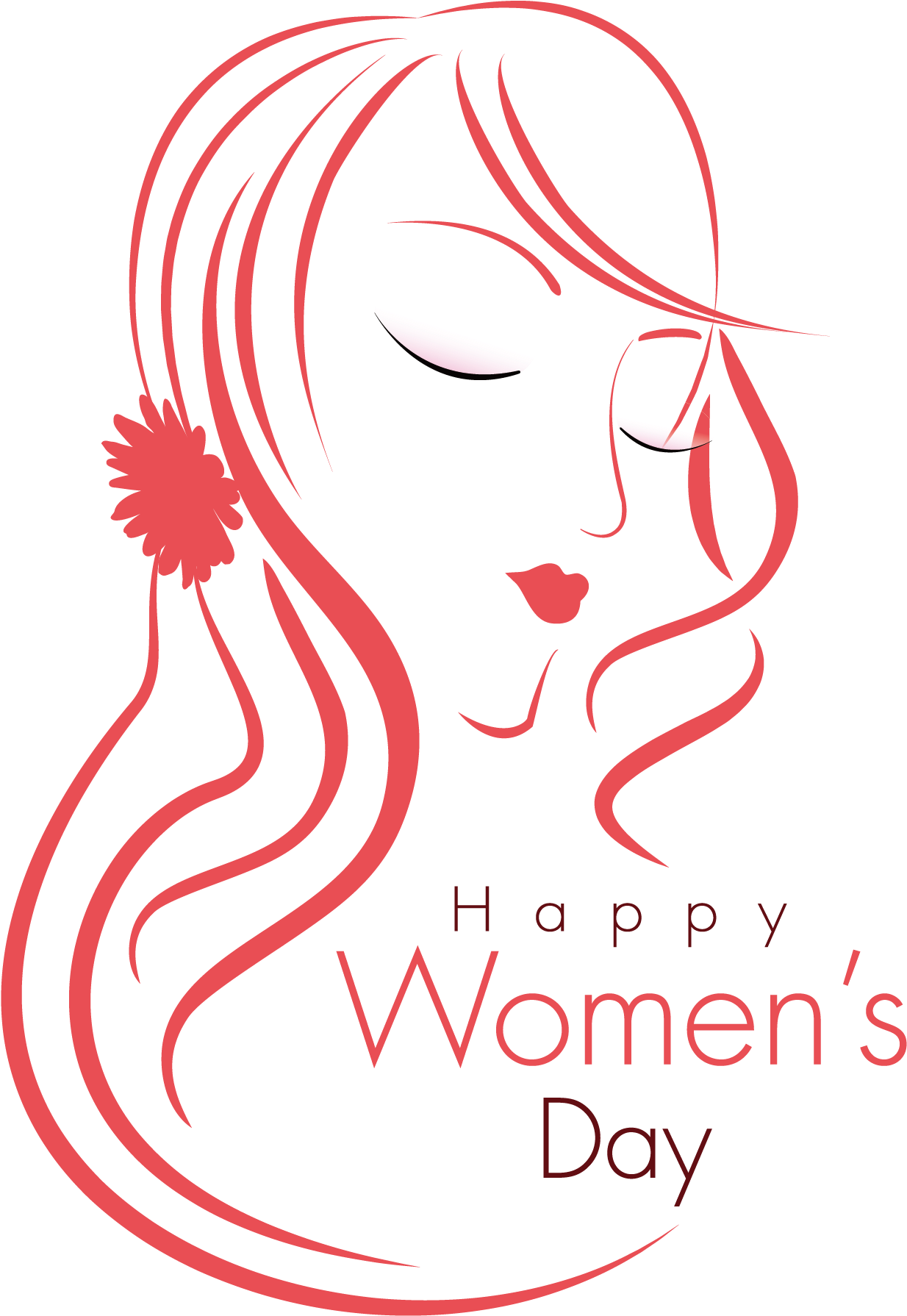 International Womens Day 桌布 壁紙 — 一個風格化的紅色線條藝術女性肖像，擁有飄逸的頭髮和花朵耳環，背景為黑色，並帶有'Happy Women's Day'文字。