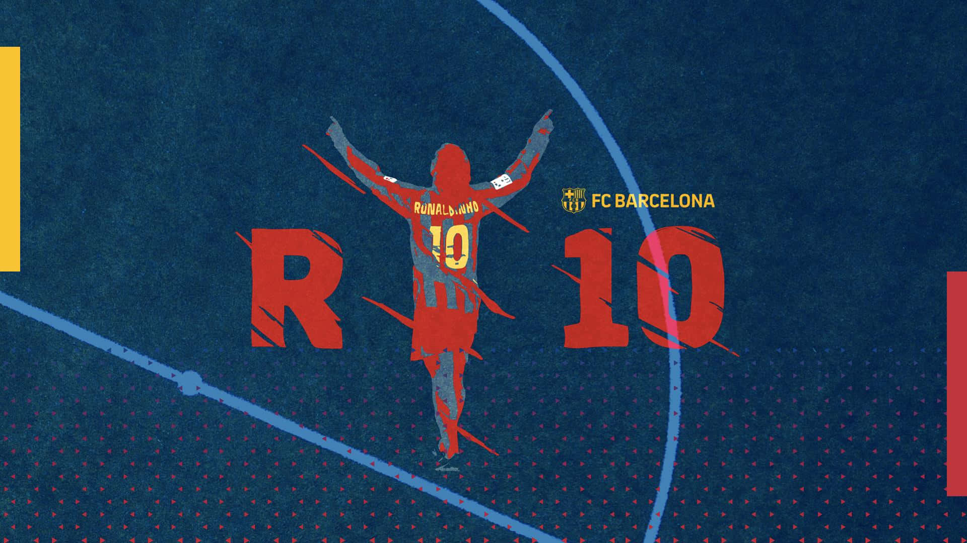 Fc Barcelona Desktop 桌布 壁紙 — 一個風格化的紅色羅納度剪影，在藍色的巴塞隆納球場上高舉雙臂慶祝，球場上標有粗體紅色的「R10」圖案。