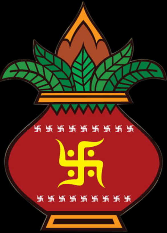 Hinduism 桌布 壁紙 — 一個風格化的紅色花瓶，帶有綠色葉子和黃色卍字符號，背景為黑色。