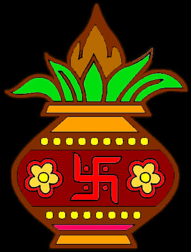 Hinduism 桌布 壁紙 — 一個風格化的紅色花盆，帶有卍字標誌和黃色花朵，頂部有綠色葉子和火焰，背景為黑色。
