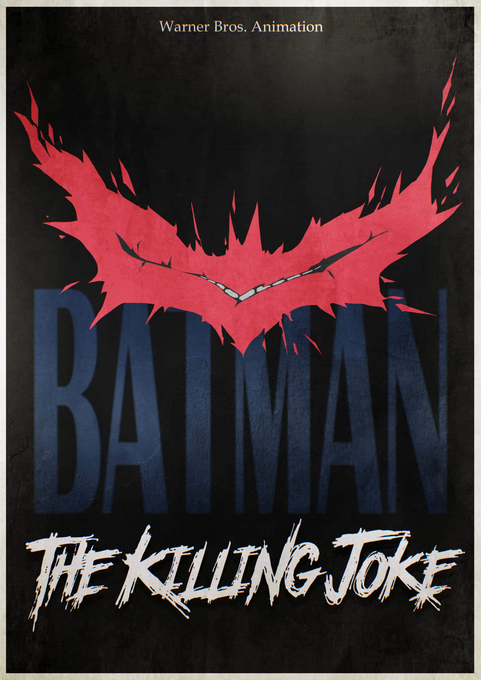 Batman The Killing Joke 桌布 壁紙 — 一個風格化的紅色蝙蝠標誌，邊緣呈鋸齒狀，籠罩在深色紋理背景上的粗體藍色「BATMAN」文字和白色「THE KILLING JOKE」字樣之上。