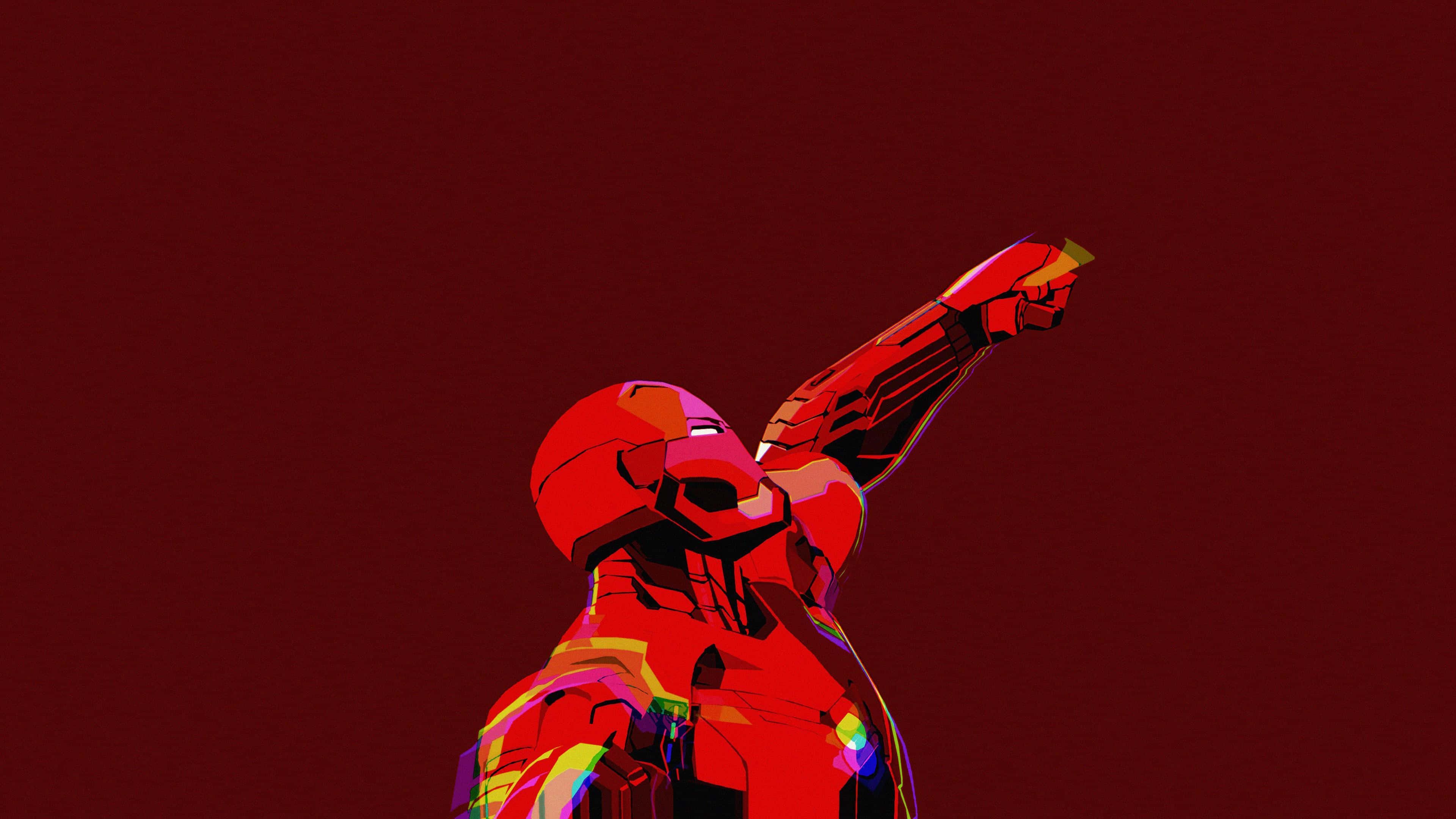 Iron Man Art 桌布 壁紙 — 一個風格化的紅色裝甲超級英雄，在深栗色背景上擺出動態姿勢。