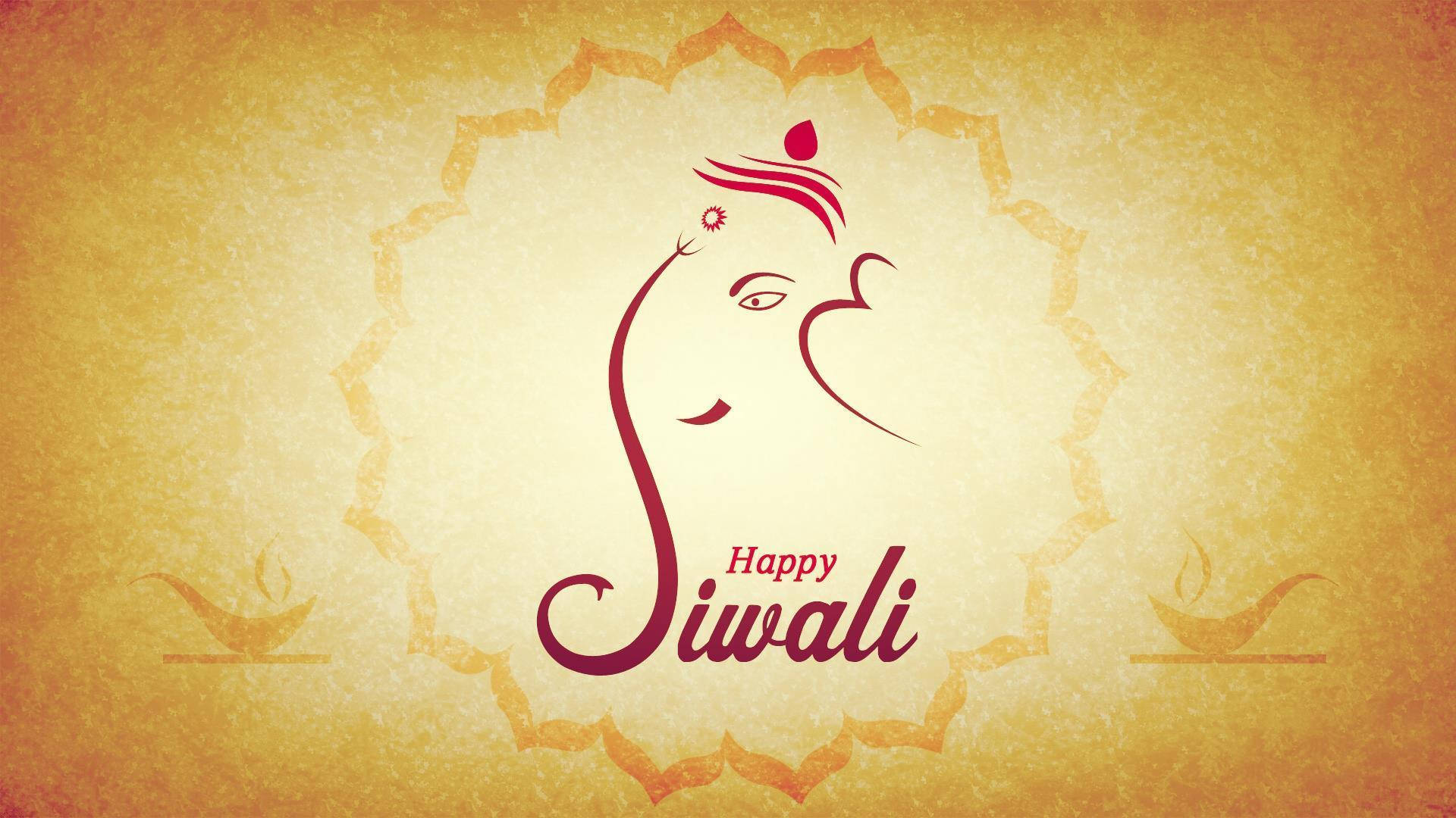 Happy Diwali 桌布 壁紙 — 一個風格化的紅色象神剪影，帶有「Happy Siwali」文字，居中於有紋理的金黃色背景上。