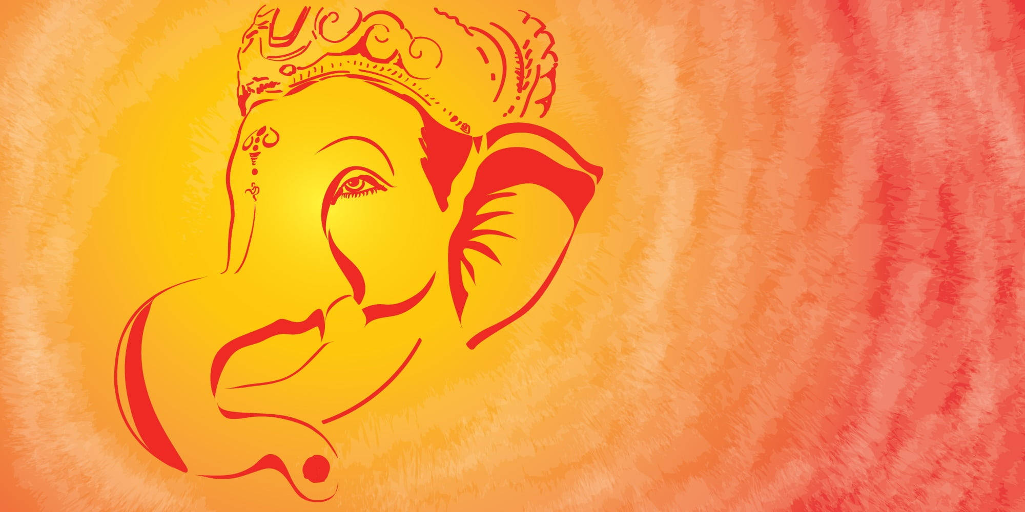 Ganesh 桌布 壁紙 — 一個風格化的紅色象頭神頭部輪廓，襯以明亮的黃色和橙色漸變背景。