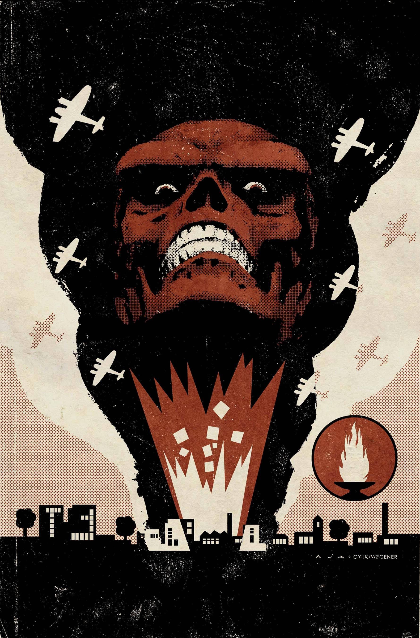 Red Skull 桌布 壁紙 — 一個風格化的紅色骷髏頭，飛機在頭部周圍飛翔，籠罩在燃燒的城市景觀之上，呈現於一幅粗獷的海報中。