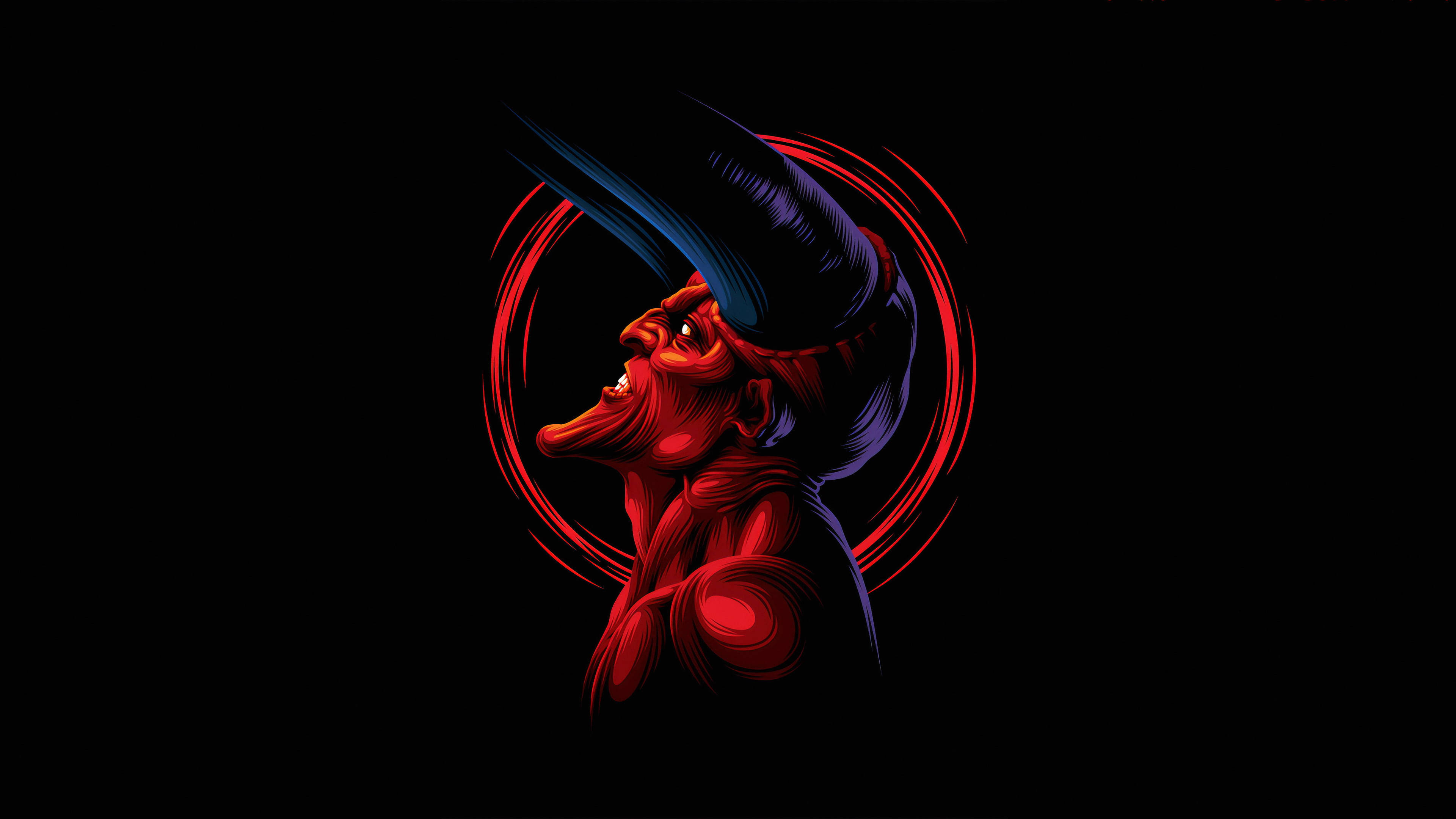 惡魔男孩 桌布 壁紙 — 一個風格化的紅色魔鬼，帶有藍色角和旋轉的紅色環，背景為黑色。