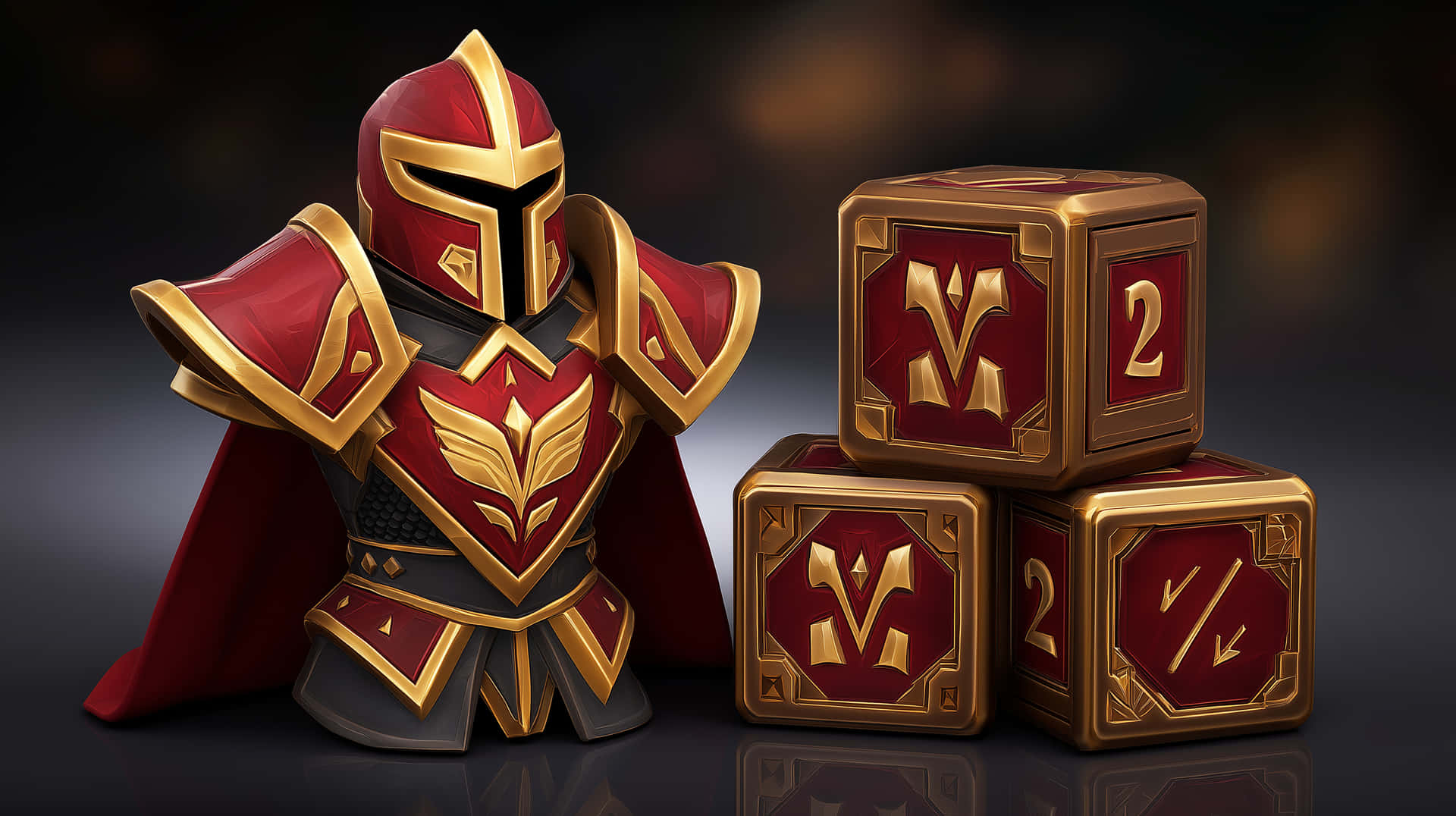 Fantasy Knight Bust with Ornate Dice in a Themed Display 壁紙 — 一個風格化的紅金色盔甲騎士人偶站在三個裝飾骰子旁邊，骰子上有符號和數字，放在反光的暗色表面上。