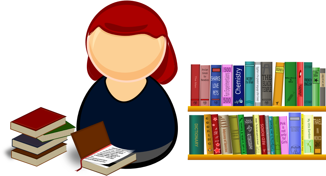 Books Clipart 桌布 壁紙 — 一個風格化的紅髮人物在一個充滿各種書名的彩色書架旁邊看書。