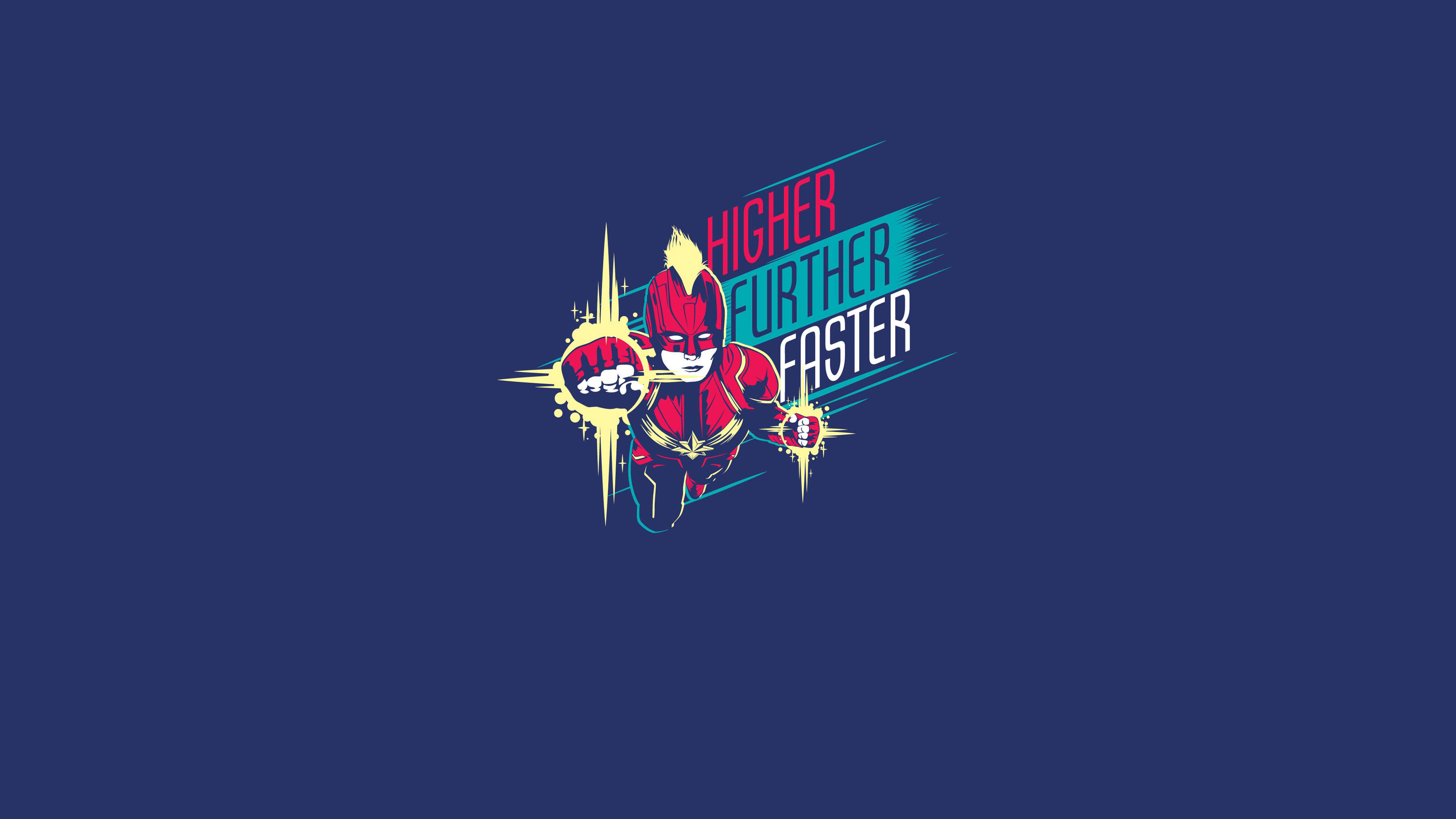 Marvel Minimalist 桌布 壁紙 — 一個風格化的紅黃色超級英雄在深藍色背景上向前衝刺，帶有「HIGHER FURTHER FASTER」文字。
