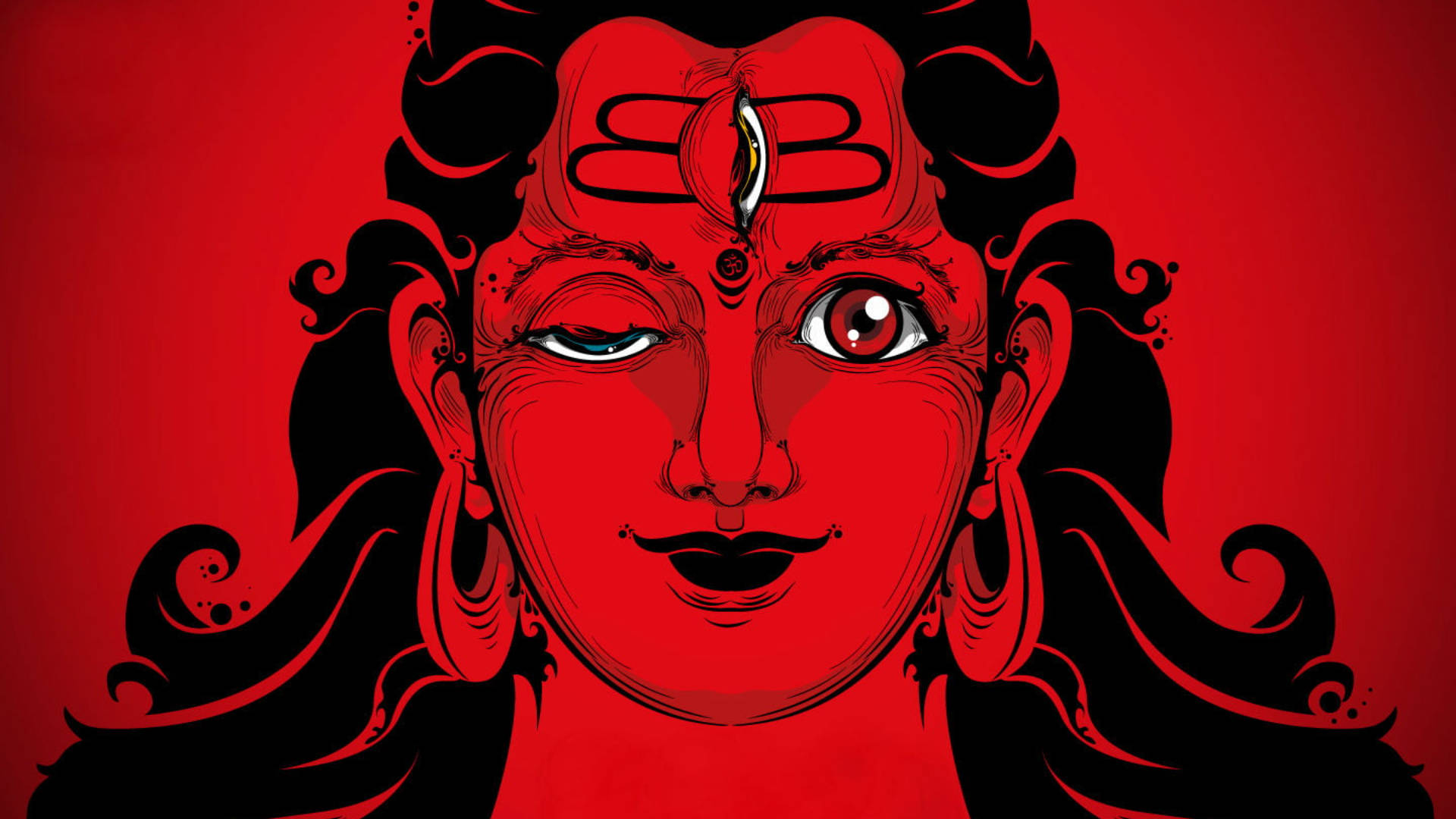Hindu God 桌布 壁紙 — 一個風格化的紅黑插圖，描繪一個神聖的臉孔，一隻眼睛睜開，一隻眼睛閉上，背景為純紅色。