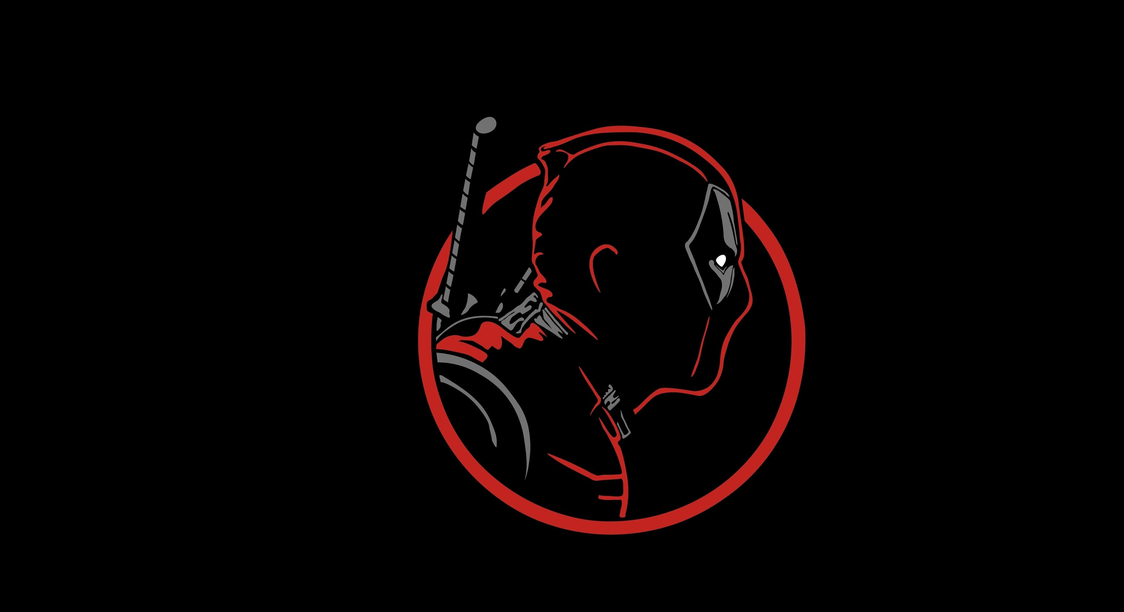 Neon Red Aesthetic 桌布 壁紙 — 一個風格化的紅黑色死侍標誌，帶有劍的剪影，背景為深色。