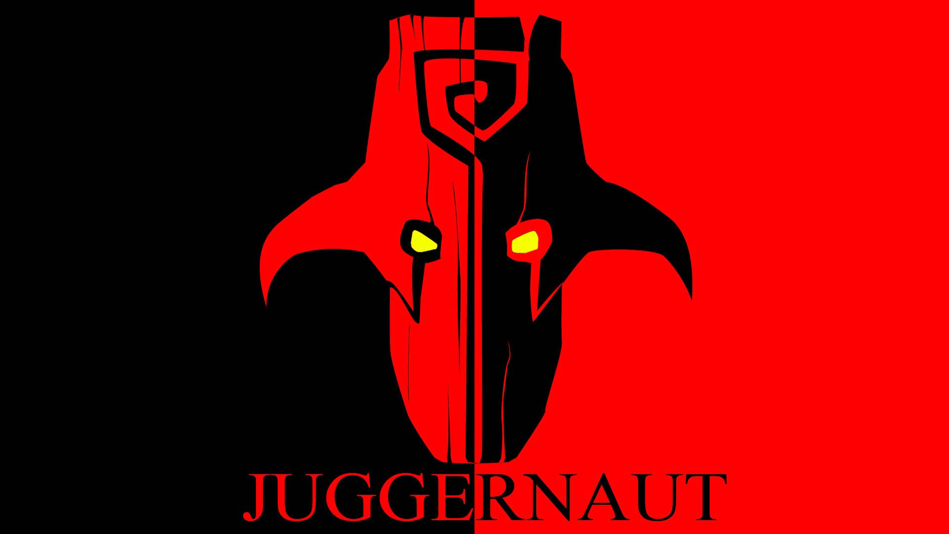 Juggernaut 桌布 壁紙 — 一個風格化的紅黑配色主宰者標誌，帶有發光的黃色眼睛，從中間分裂，置於大膽的紅黑背景上。