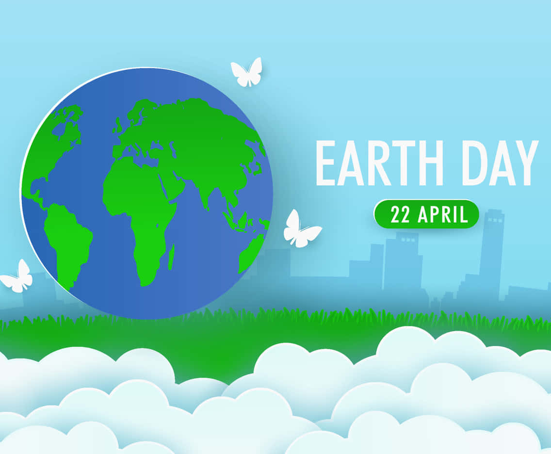 Earth Day 桌布 壁紙 — 一個風格化的紙雕地球儀，蝴蝶環繞，漂浮在綠草和雲朵之上，背景是城市天際線，慶祝地球日。