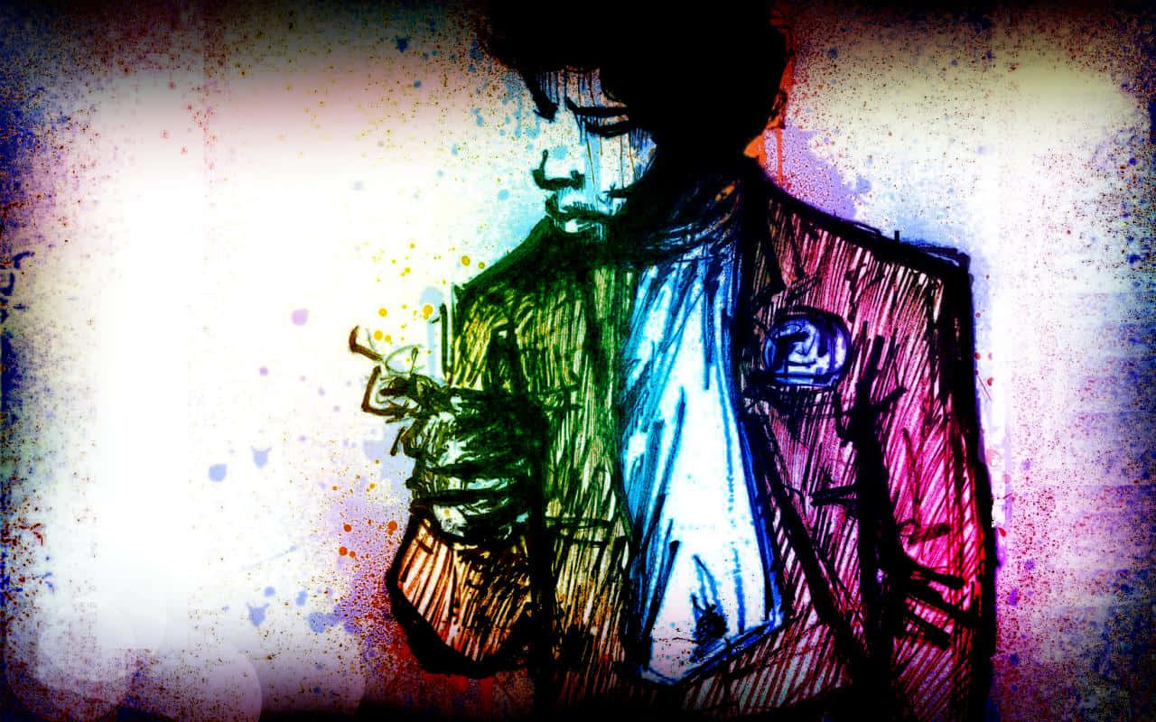 桌布 壁紙 — 一個風格化的素描，描繪一個穿著彩色西裝的男人，在潑濺背景前拿著麥克風。