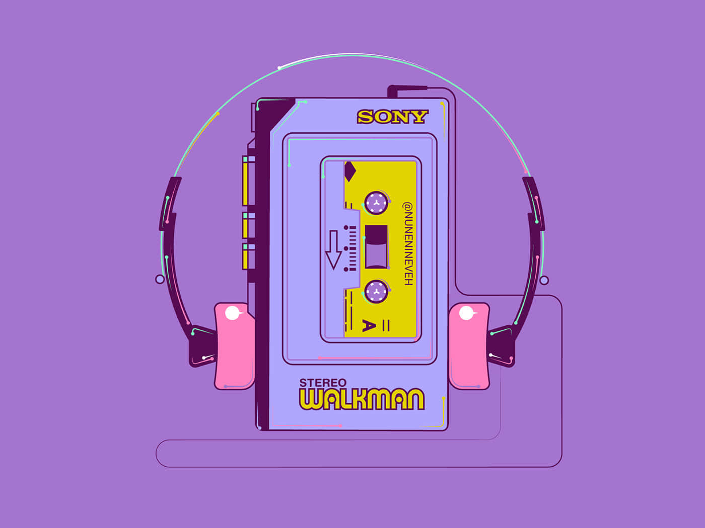90s Style 桌布 壁紙 — 一個風格化的紫色Sony Walkman，配有粉紅色耳機和黃色卡式錄音帶，背景為純紫色。