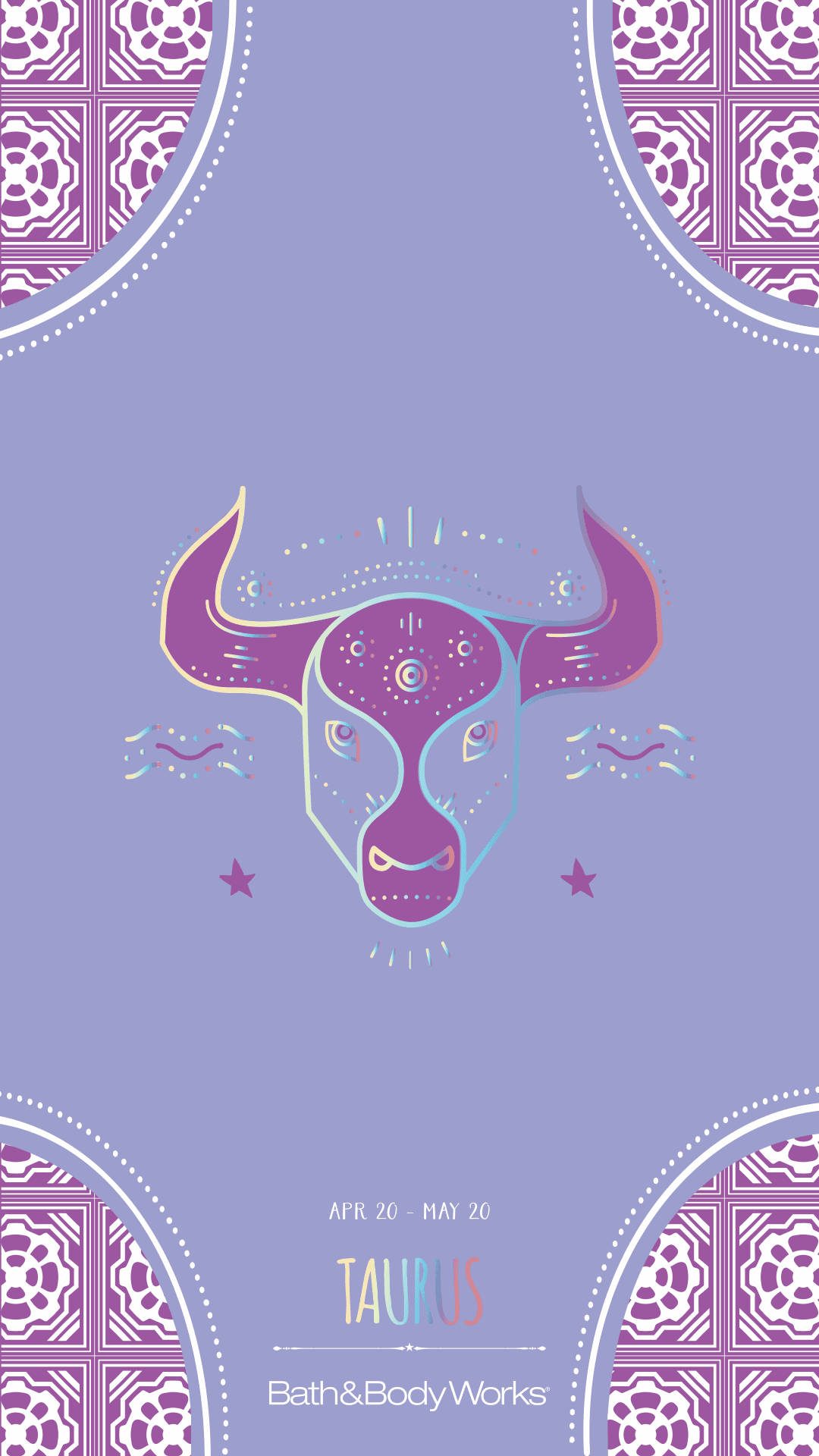 taurus 桌布 壁紙 — 一個風格化的紫色公牛頭，帶有華麗的角和幾何圖案，背景為薰衣草色。