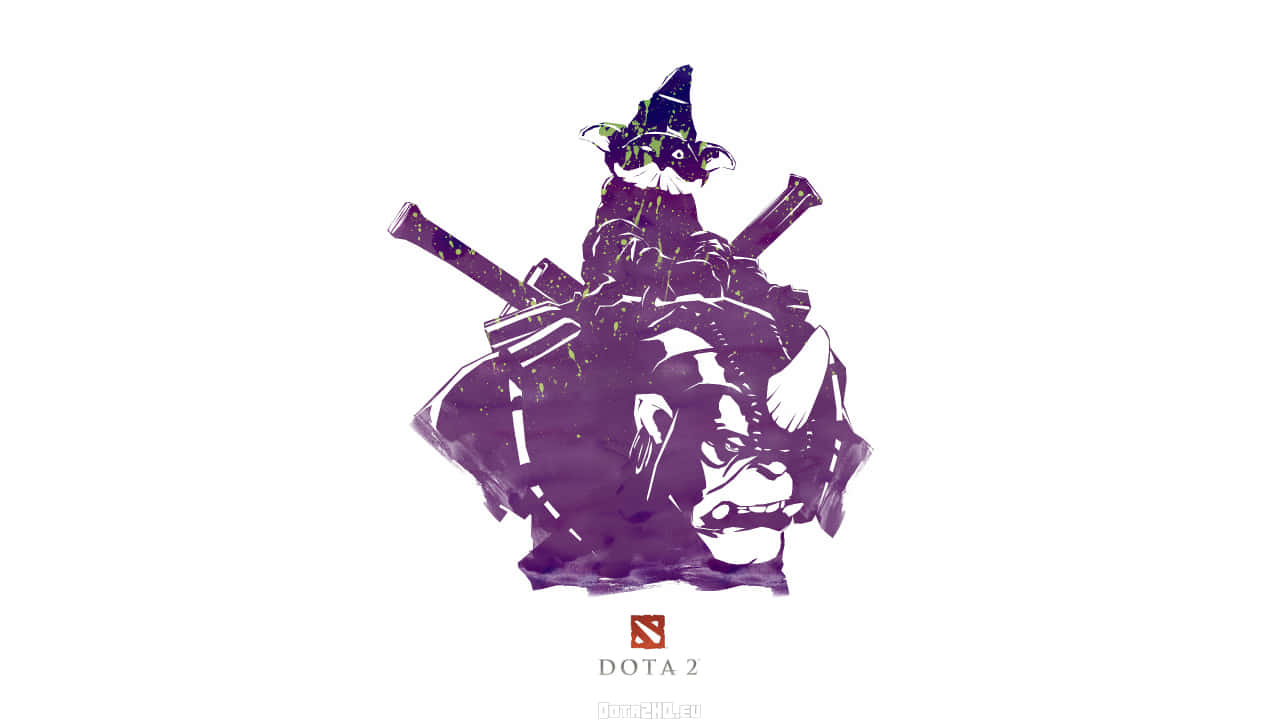電玩遊戲 桌布 壁紙 — 一個風格化的紫色剪影，描繪Dota 2英雄，戴著巫師帽，交叉雙劍，背景為白色。